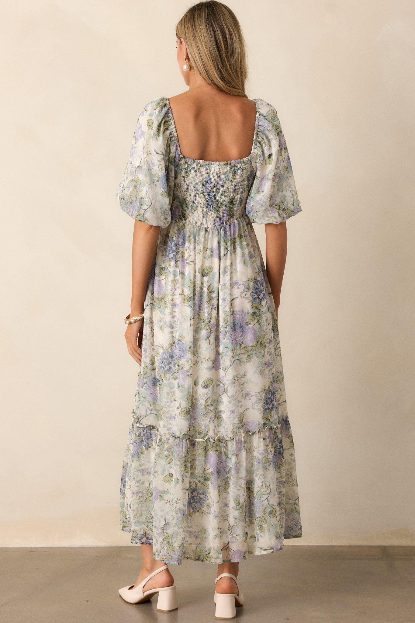 Fields of Gold Ivory Floral Puff Sleeve Midi Dress