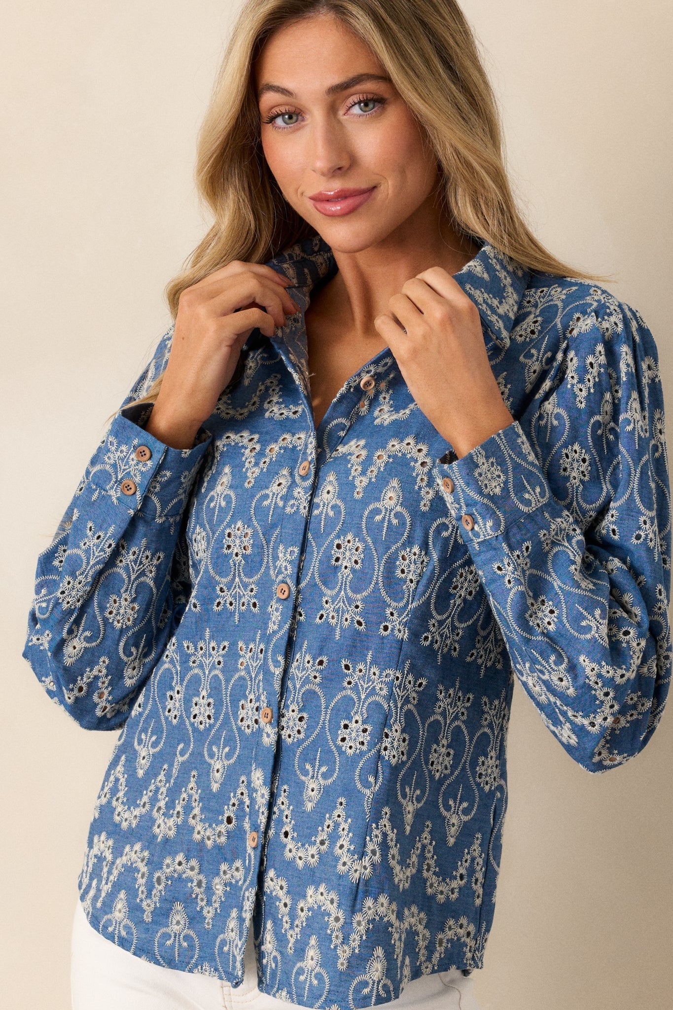 In The Flow Cotton Blue Button Front Eyelet Top