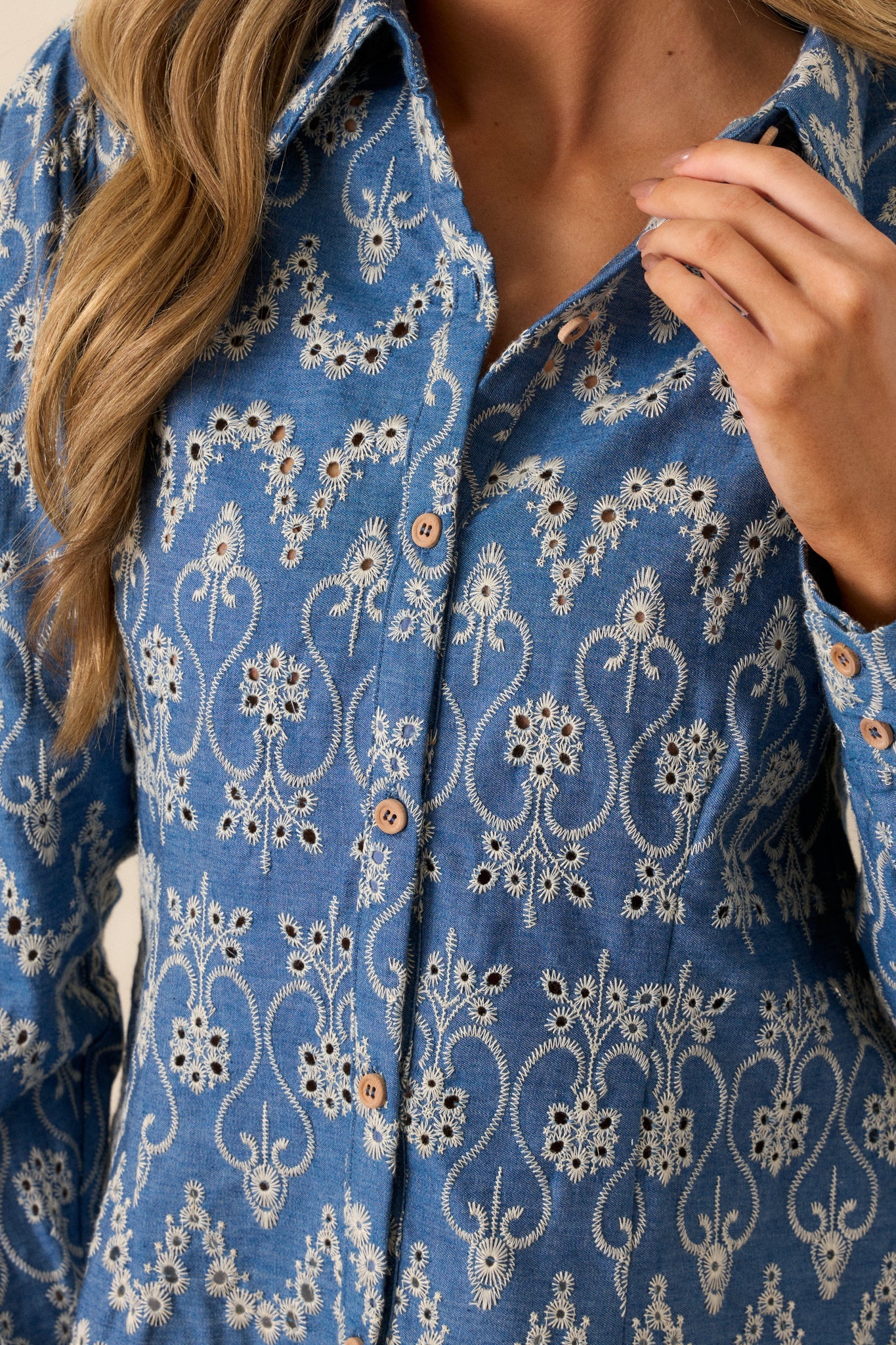 In The Flow Cotton Blue Button Front Eyelet Top
