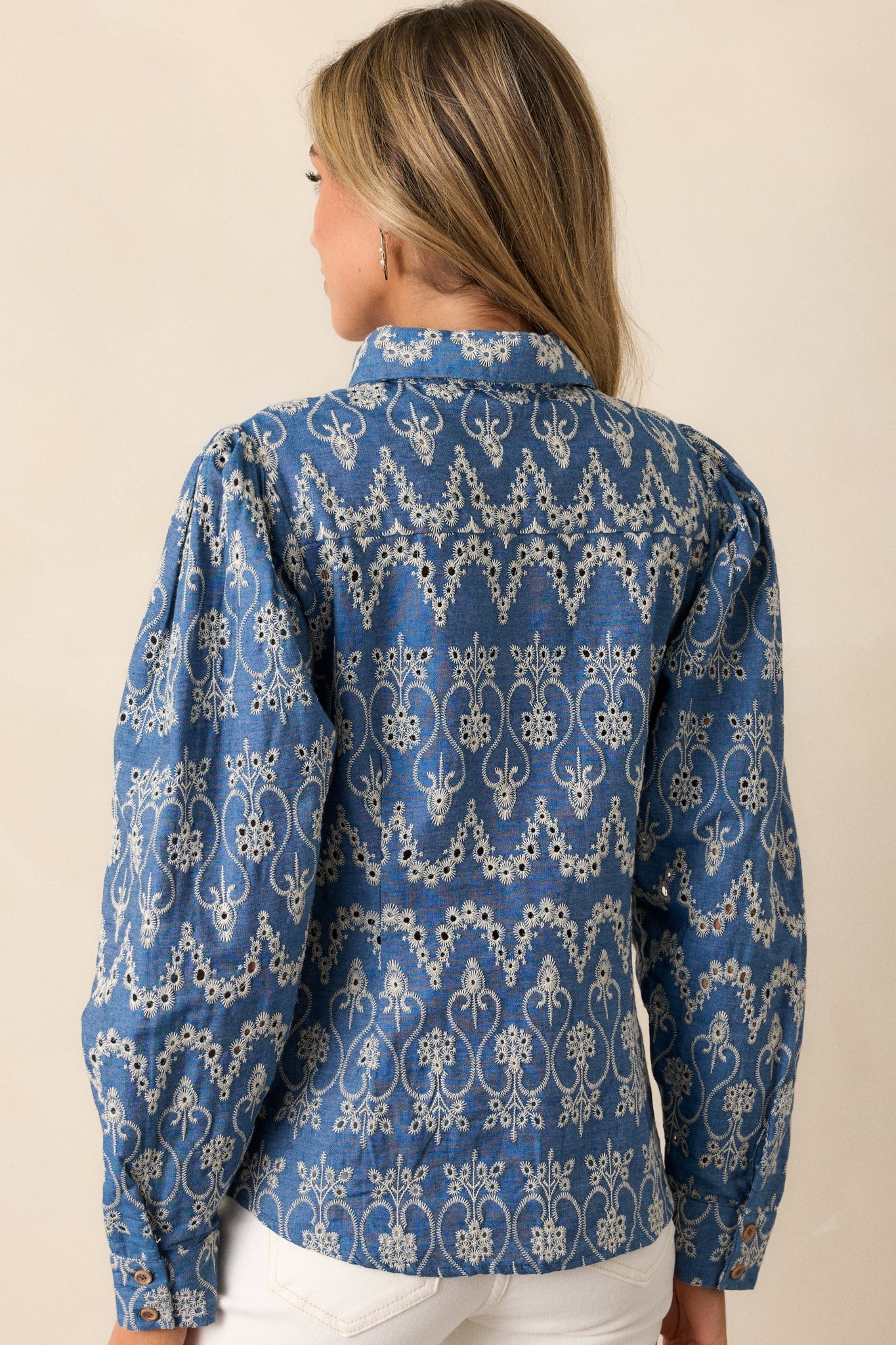 In The Flow Cotton Blue Button Front Eyelet Top