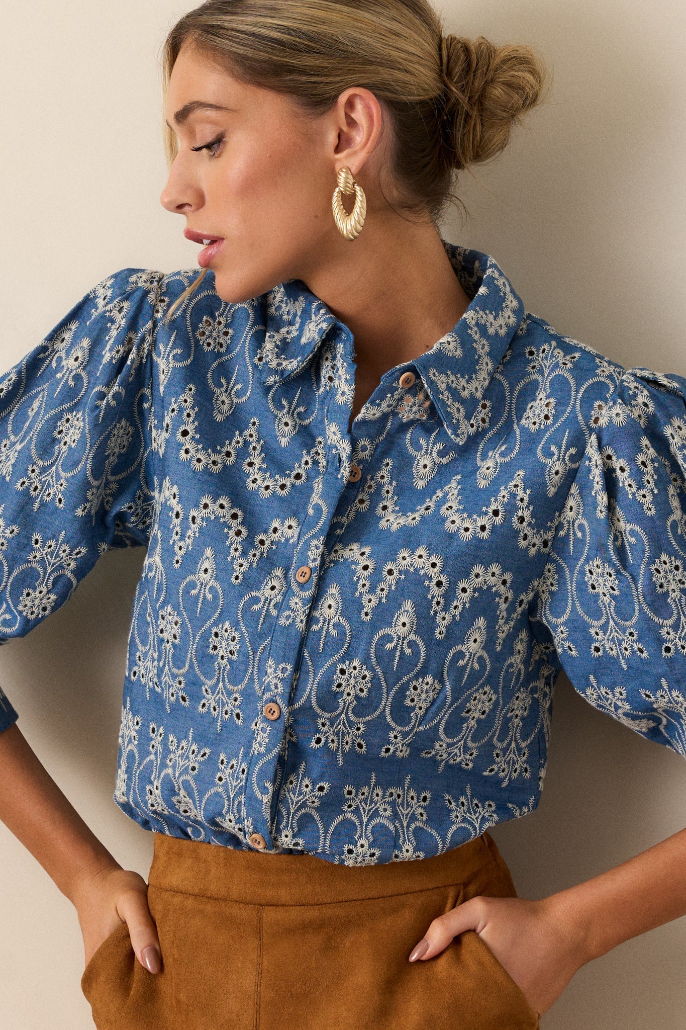 In The Flow Cotton Blue Button Front Eyelet Top