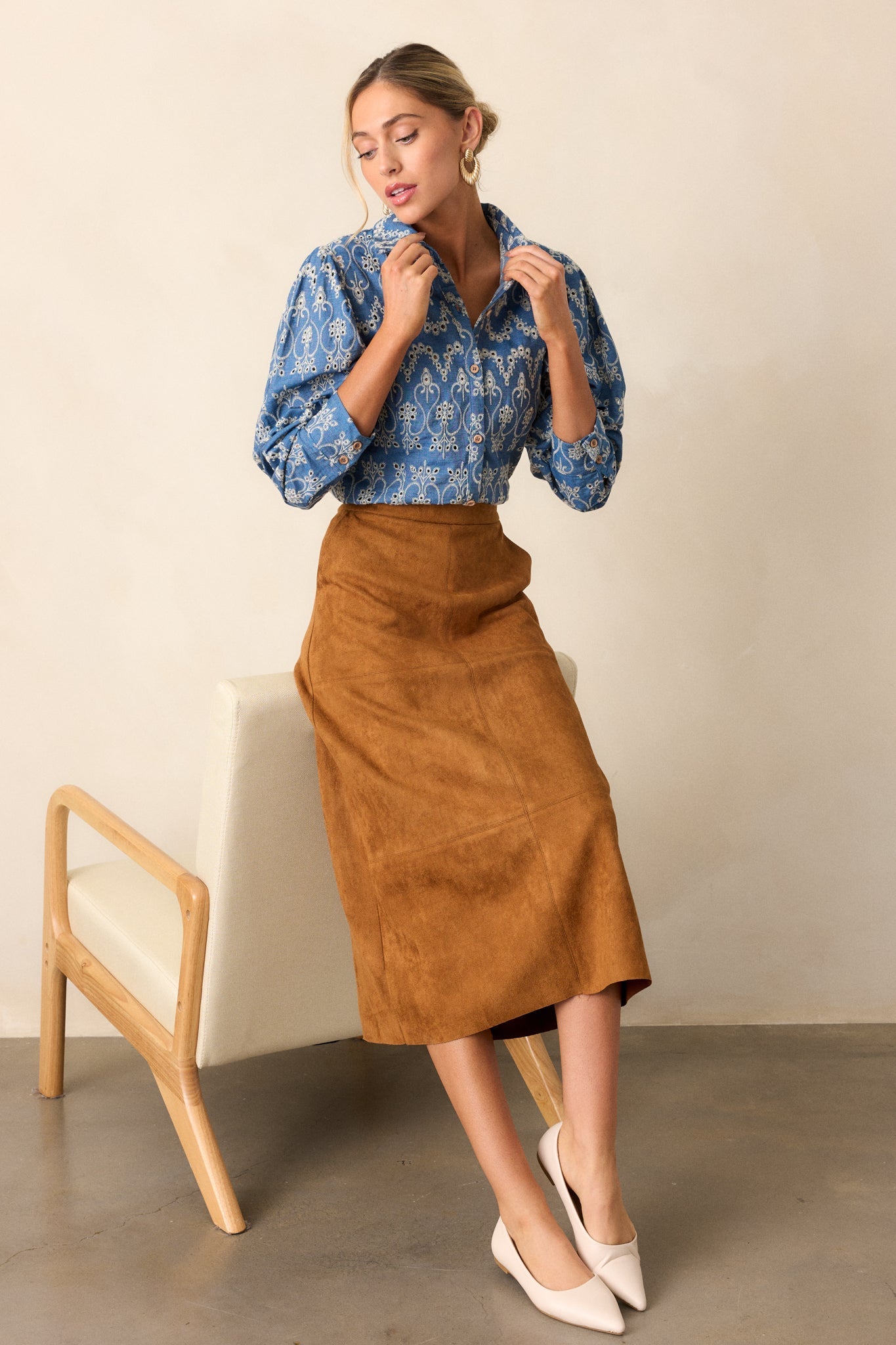 In The Flow Cotton Blue Button Front Eyelet Top
