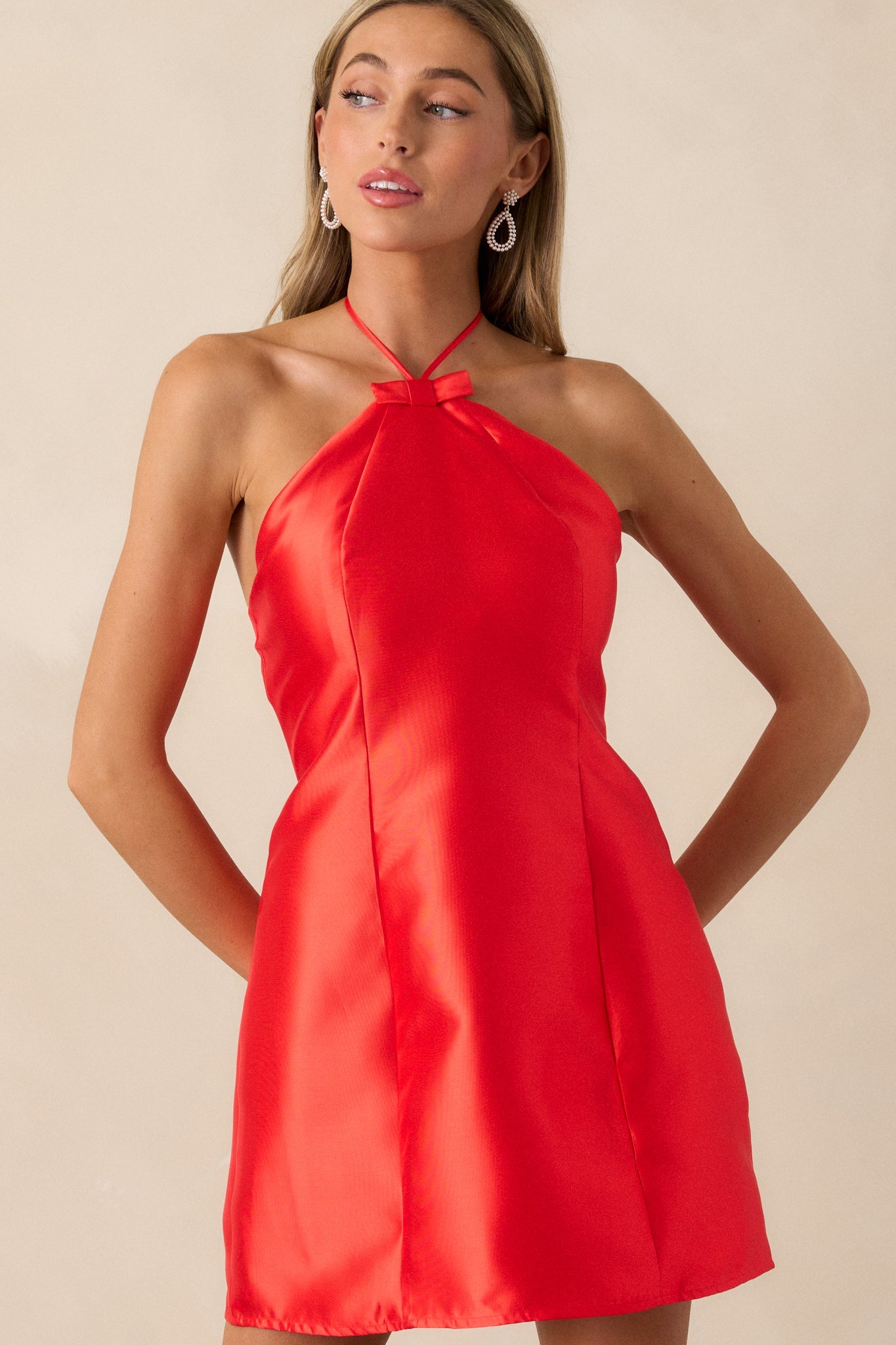 In Focus Red Satin Halter Mini Dress