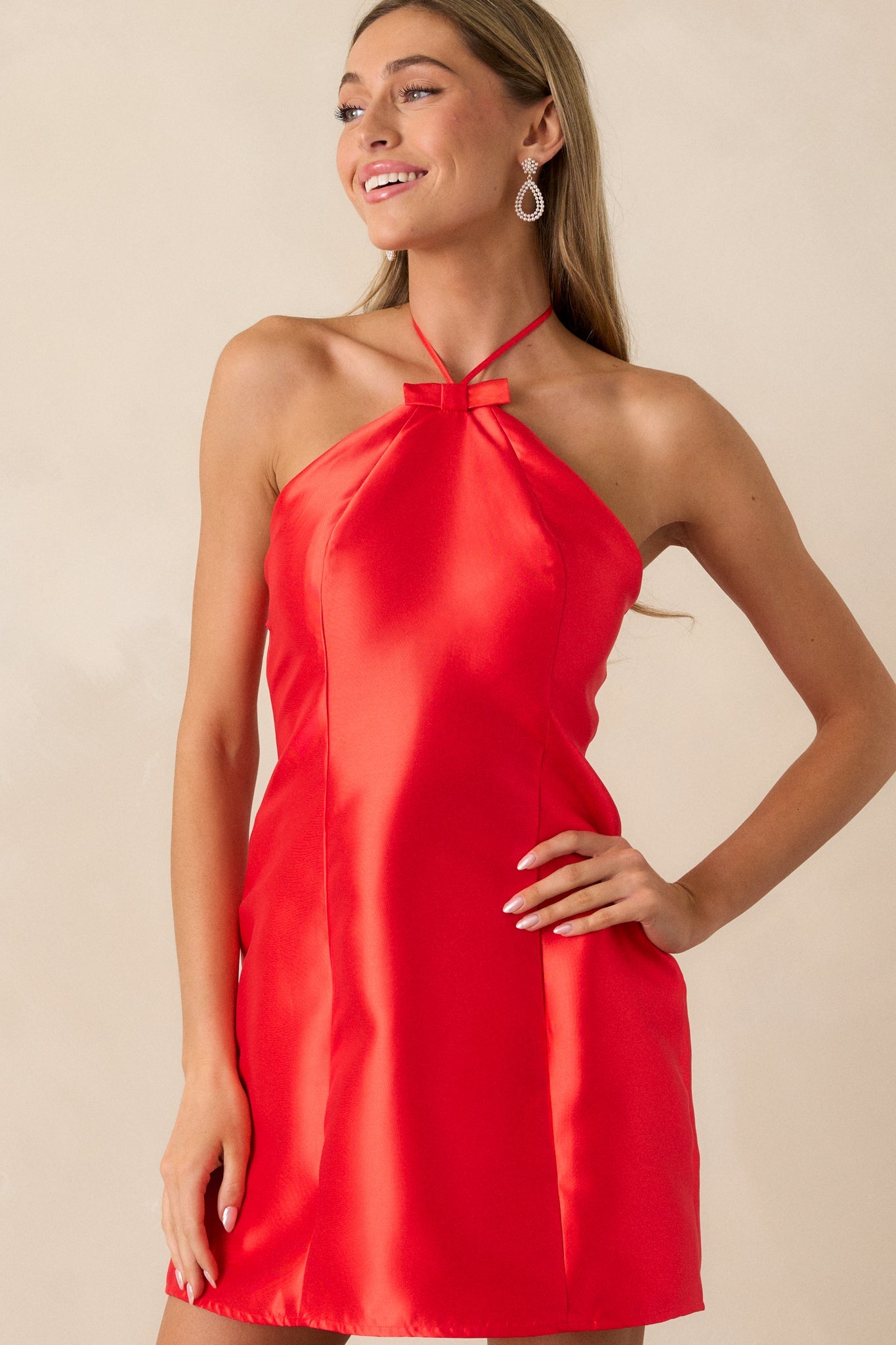 In Focus Red Satin Halter Mini Dress