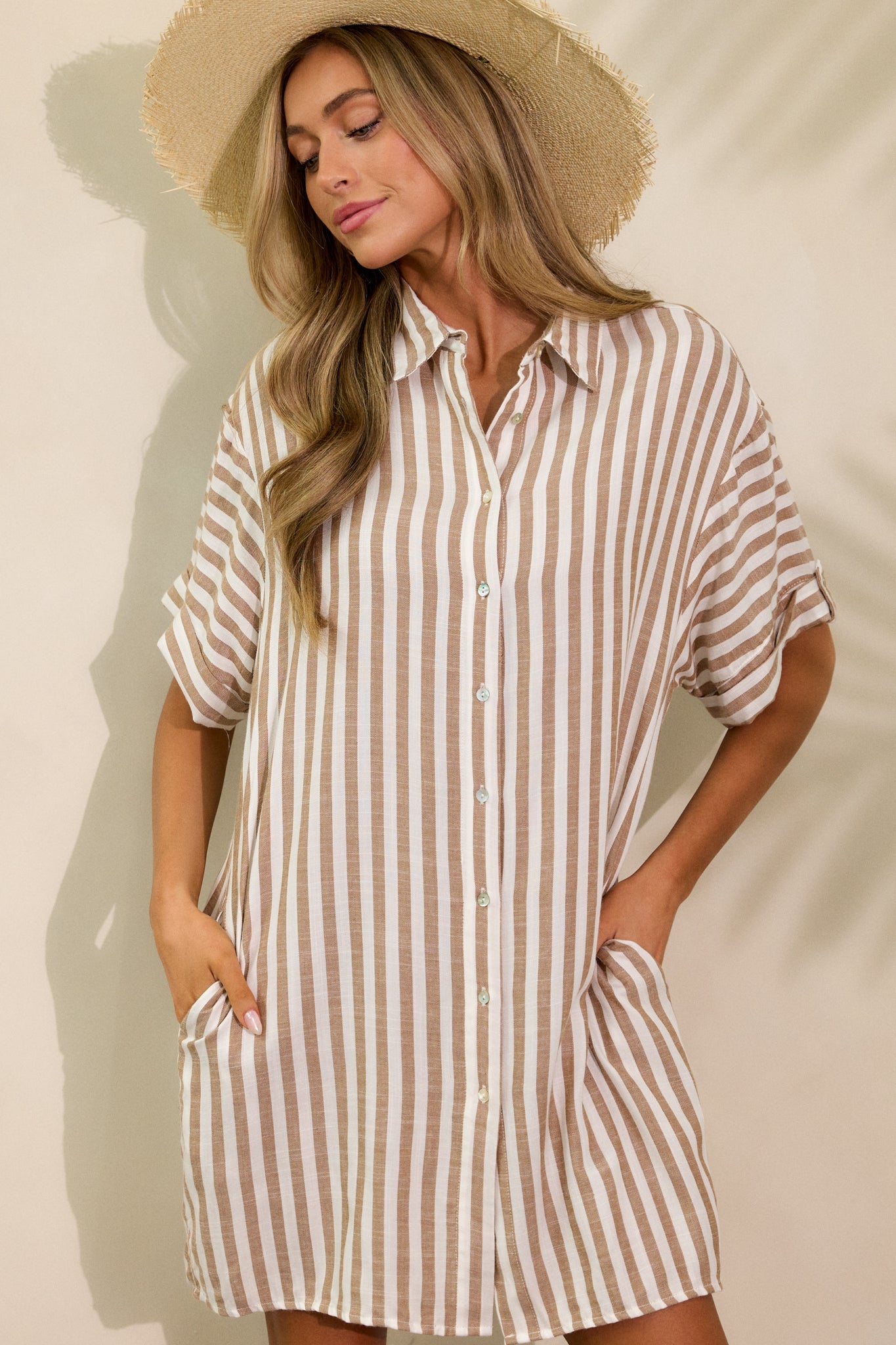 Chasing Joy Taupe Stripe Button Front Mini Dress