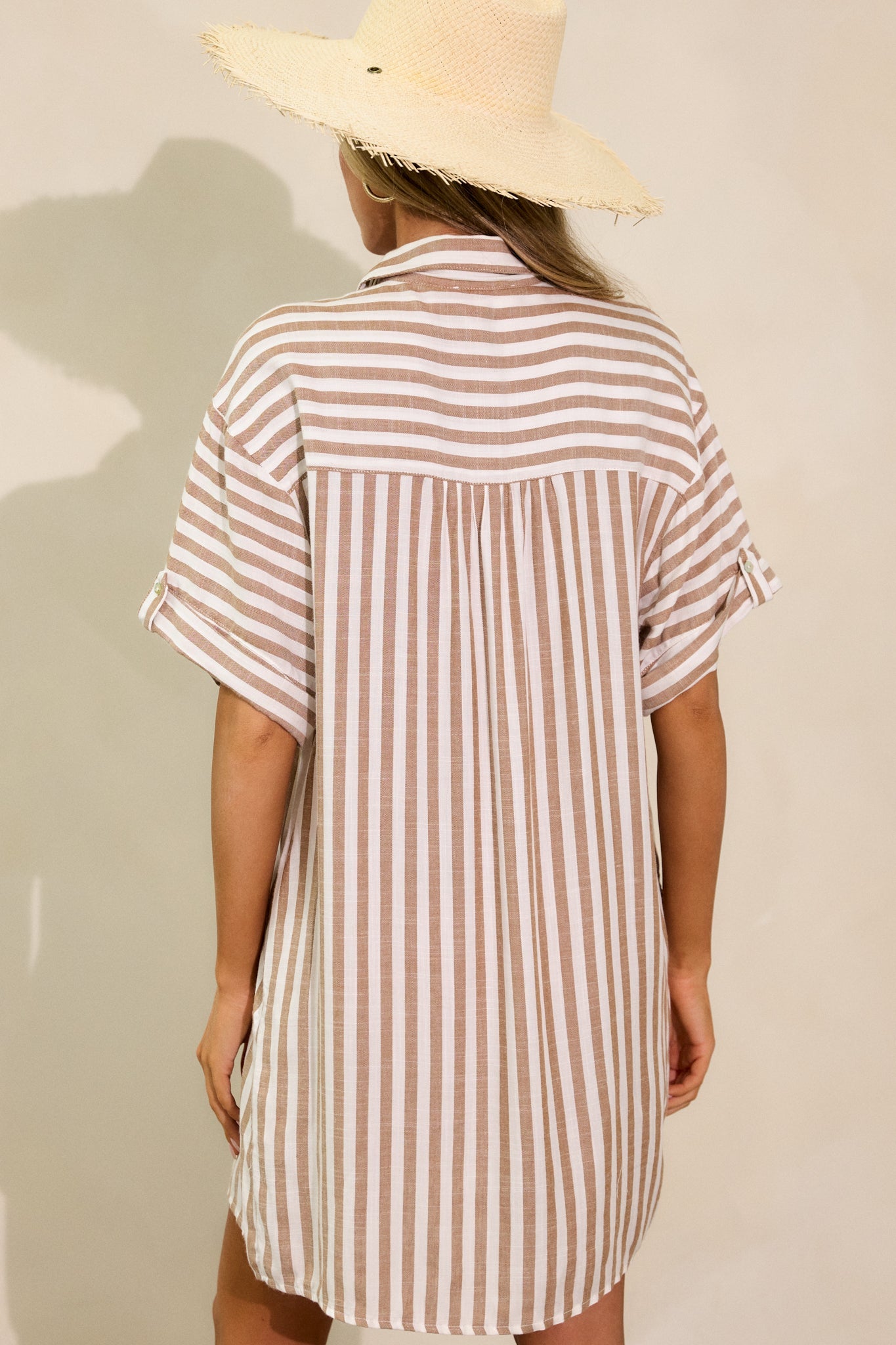 Chasing Joy Taupe Stripe Button Front Mini Dress