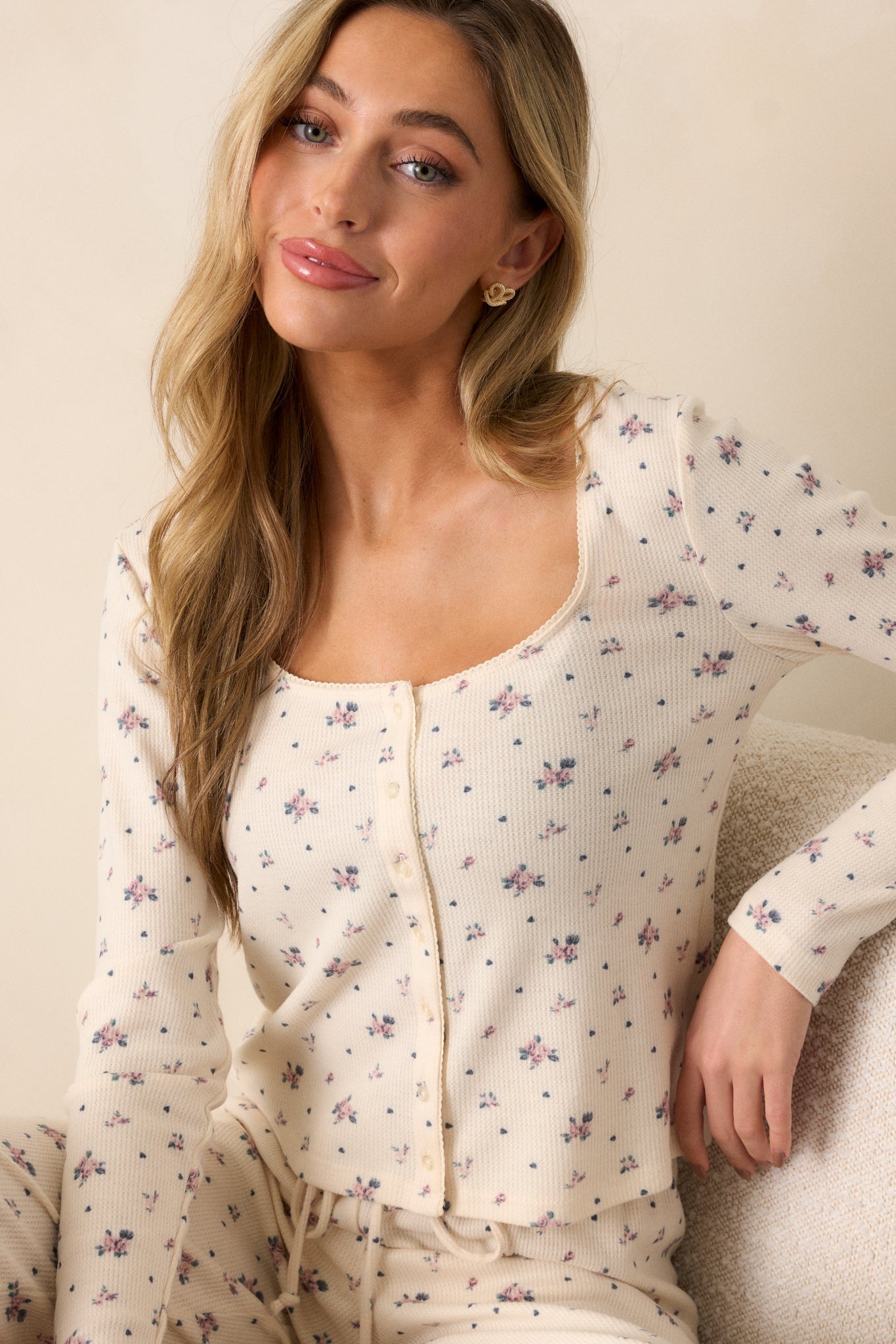Z Supply Tess Ivory Rosebud Long Sleeve Lounge Top