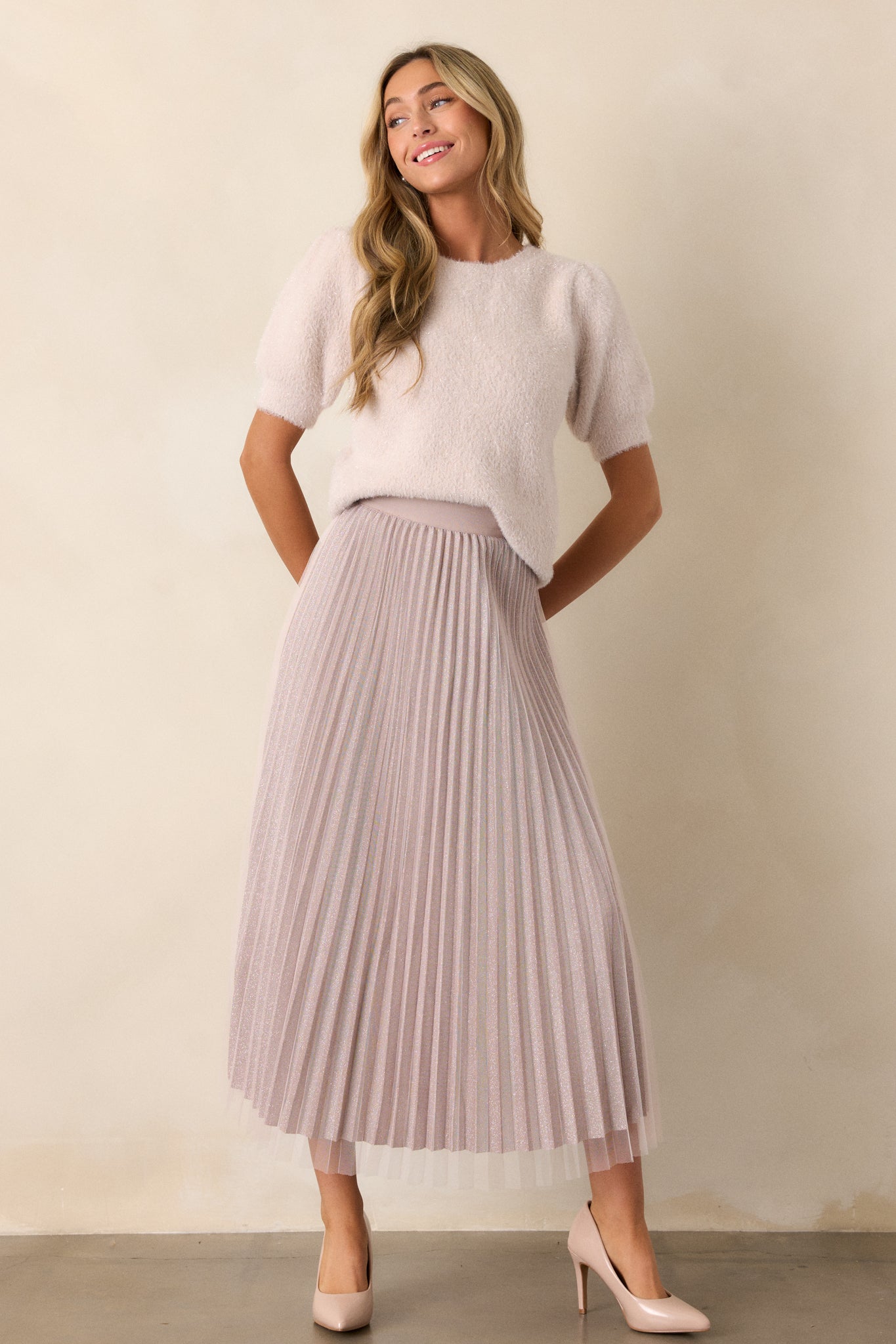 Glittering Dreams Light Mauve Short Sleeve Sweater
