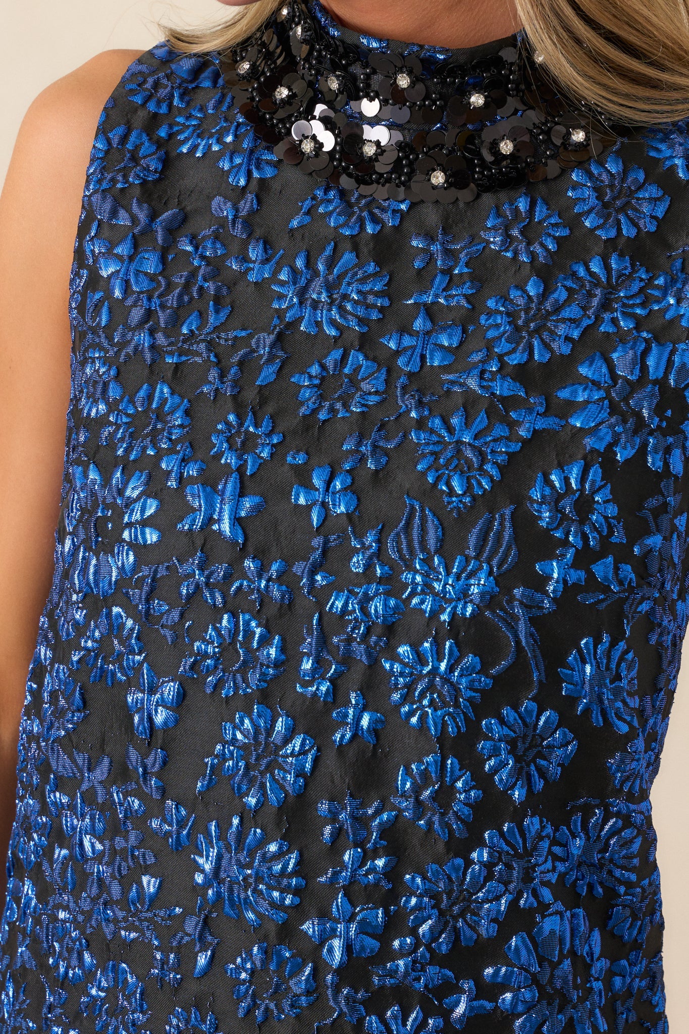 Glistening Skies Midnight Blue Floral Jacquard Mini Dress