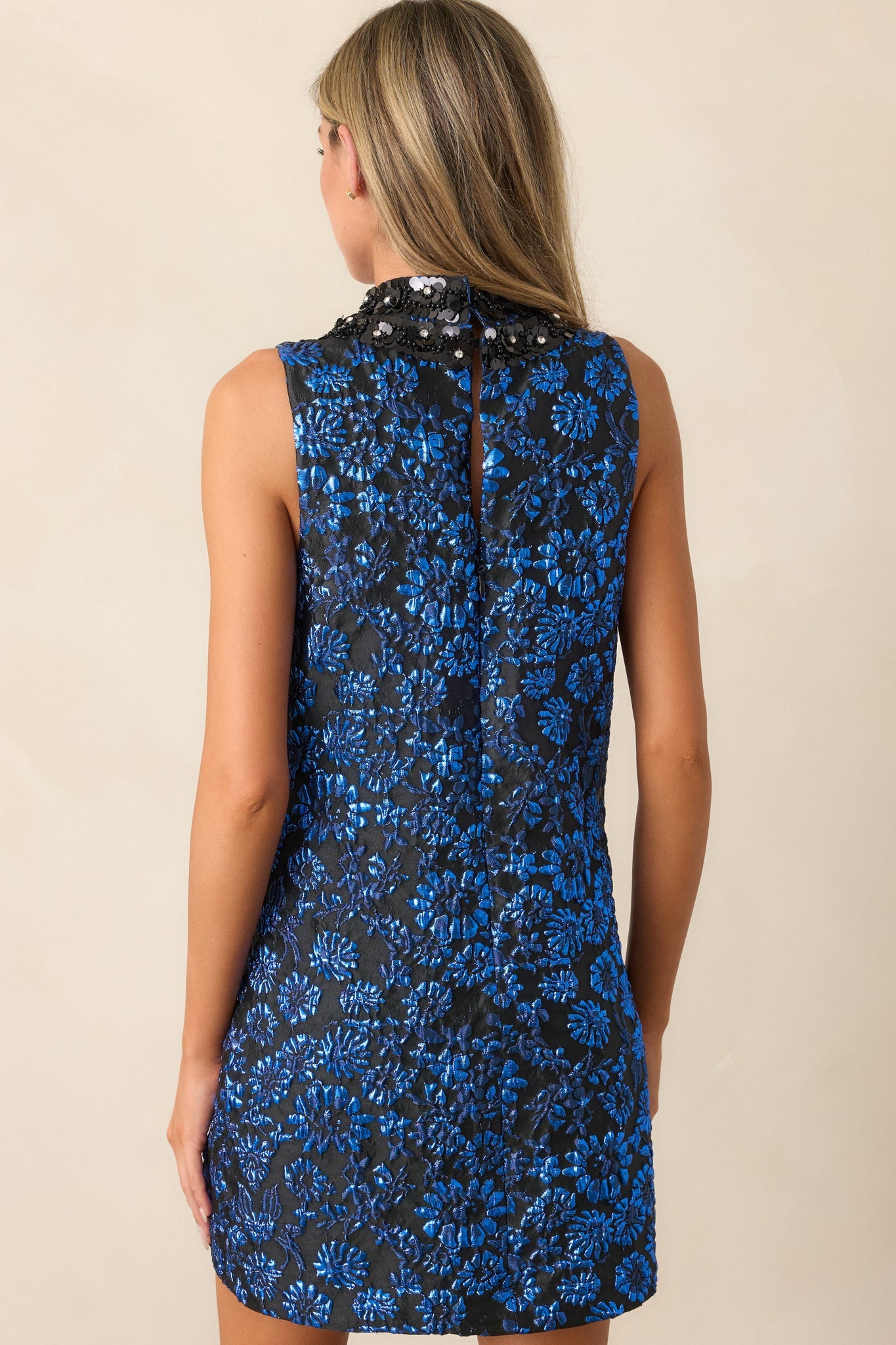 Glistening Skies Midnight Blue Floral Jacquard Mini Dress