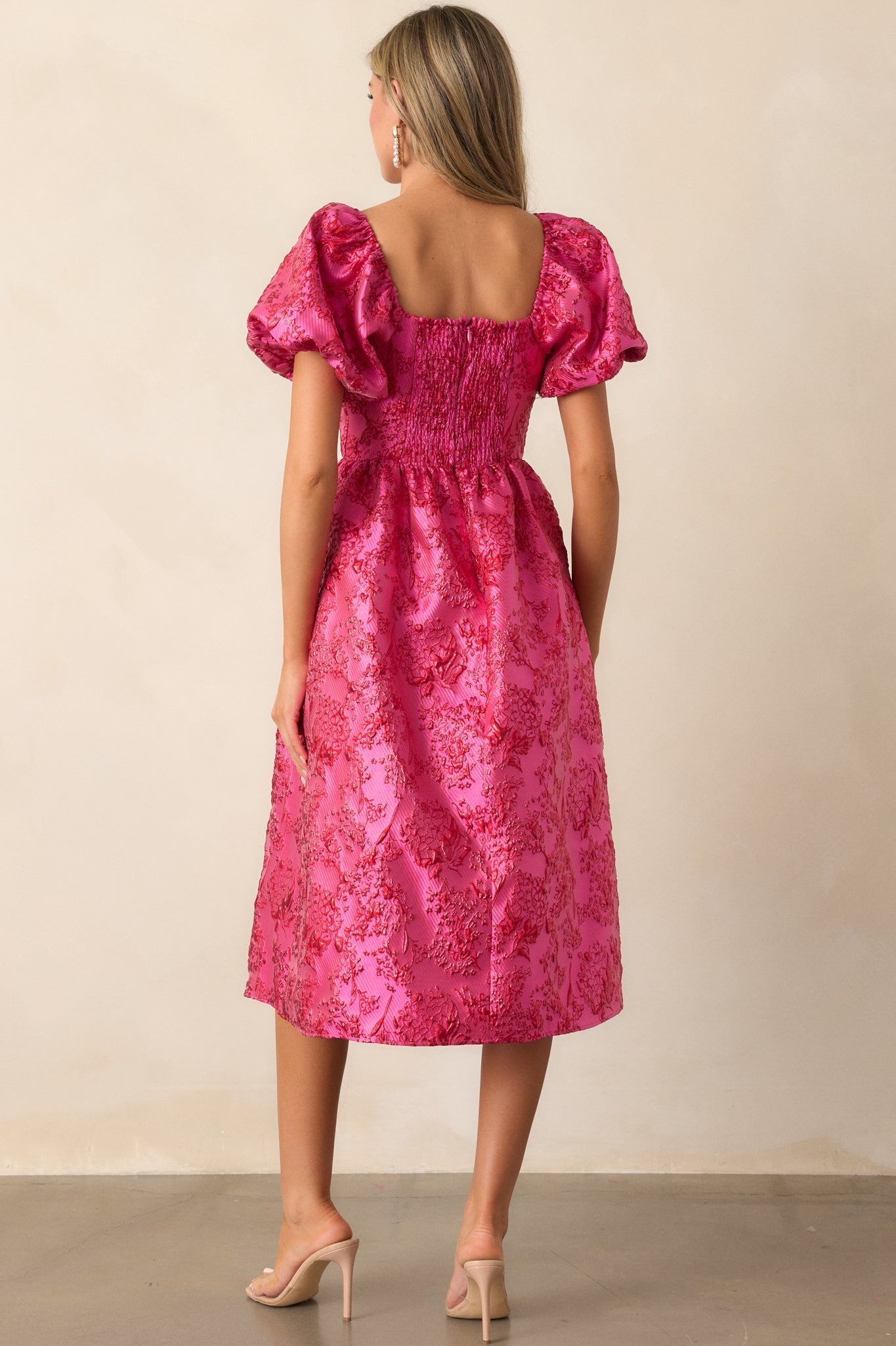Blooming Hearts Pink Floral Jacquard Midi Dress