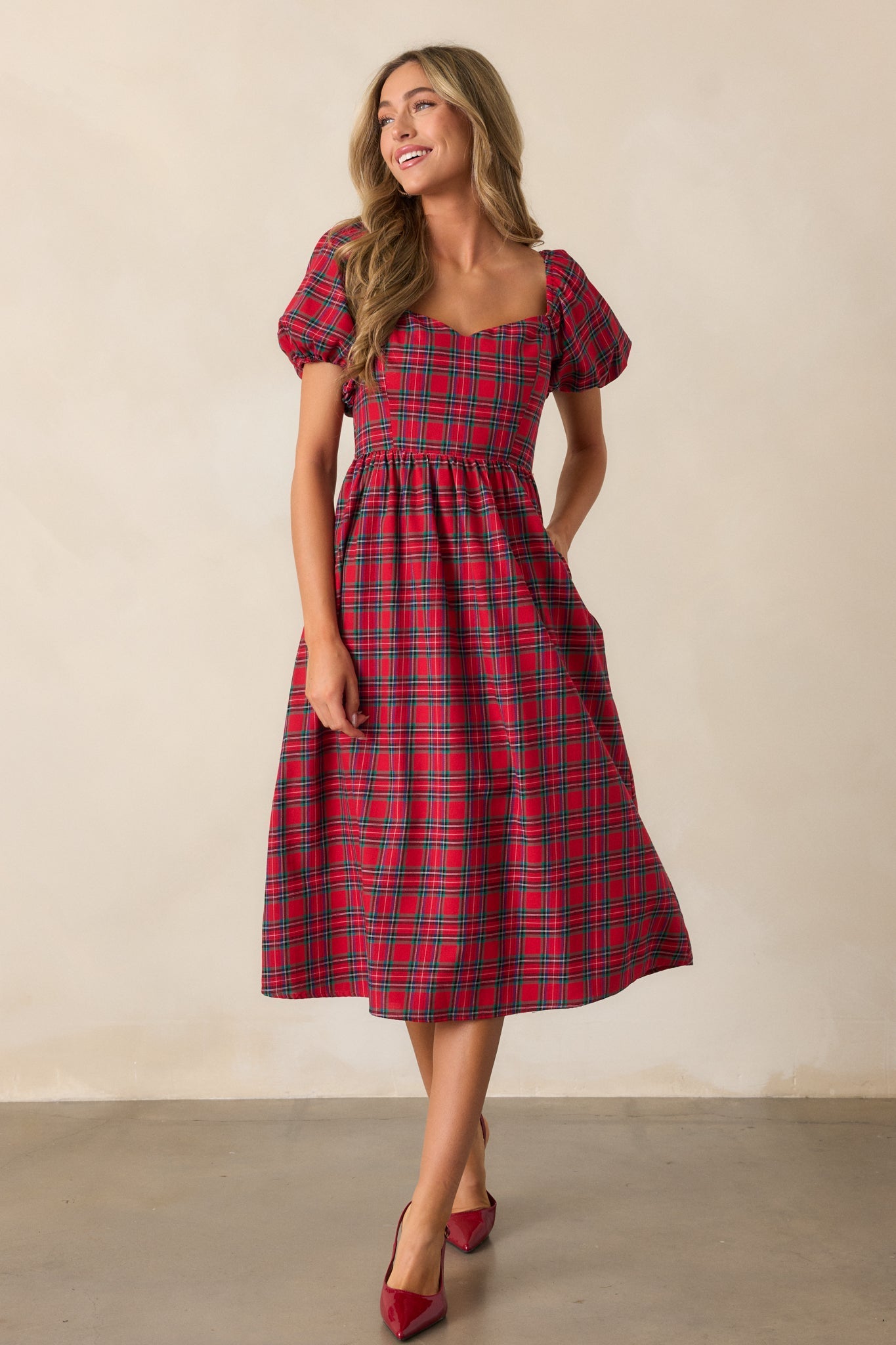 Always You Cotton Red Plaid Puff Sleeve Midi Dress
