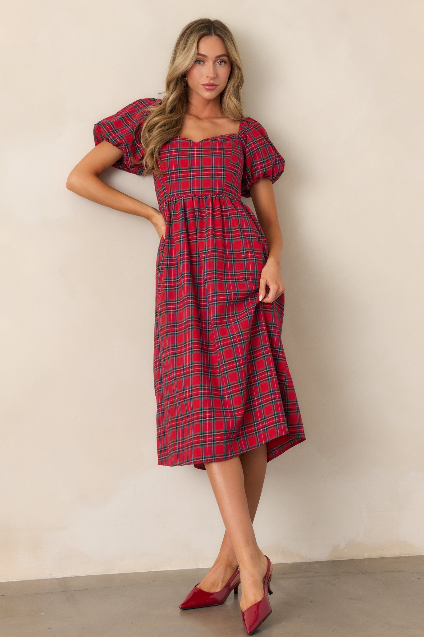 Always You Cotton Red Plaid Puff Sleeve Midi Dress