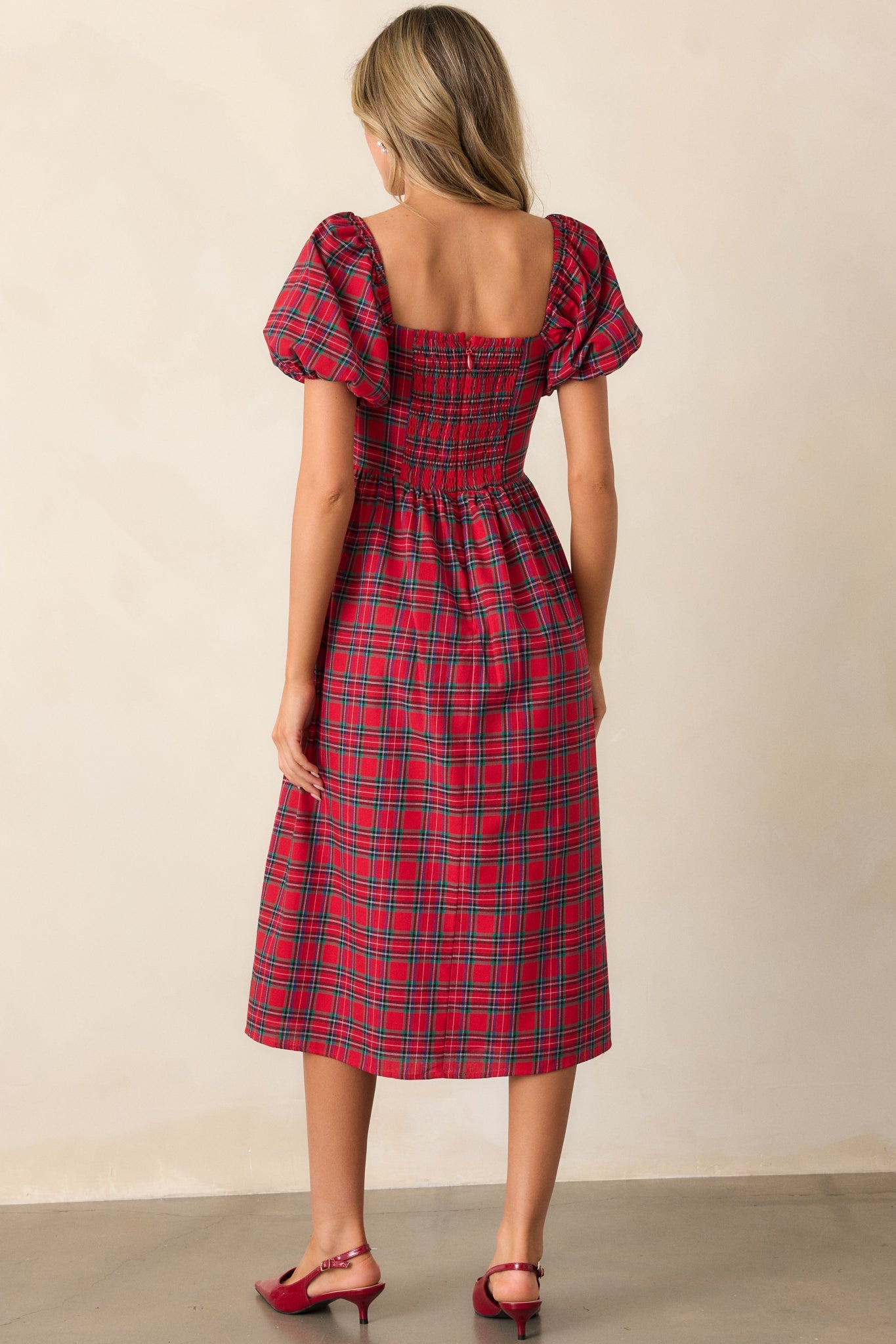 Always You Cotton Red Plaid Puff Sleeve Midi Dress