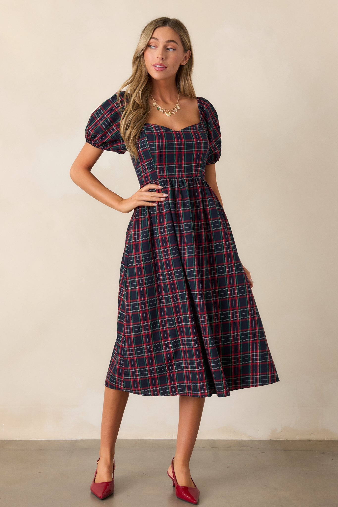 Always You Cotton Navy Plaid Puff Sleeve Midi Dress