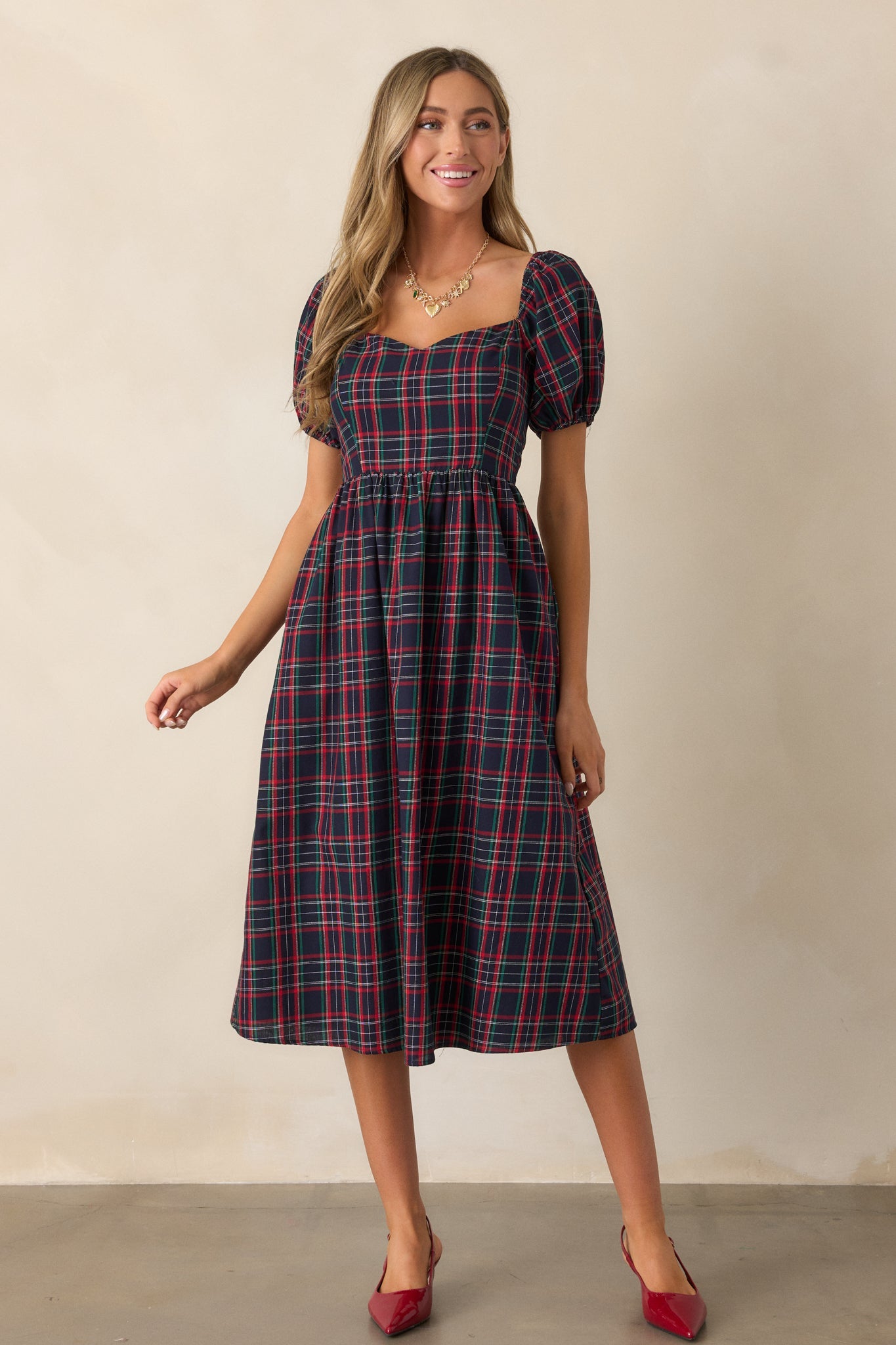 Always You Cotton Navy Plaid Puff Sleeve Midi Dress