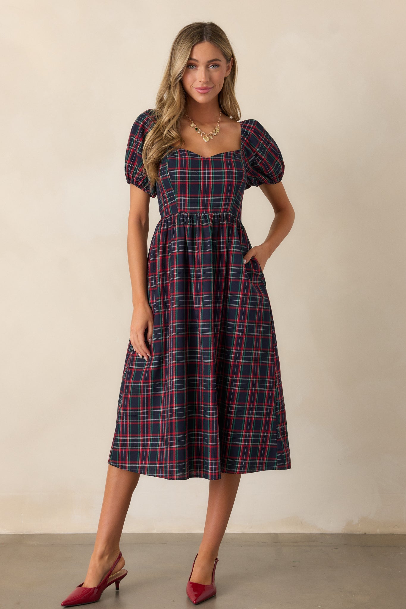 Always You Cotton Navy Plaid Puff Sleeve Midi Dress