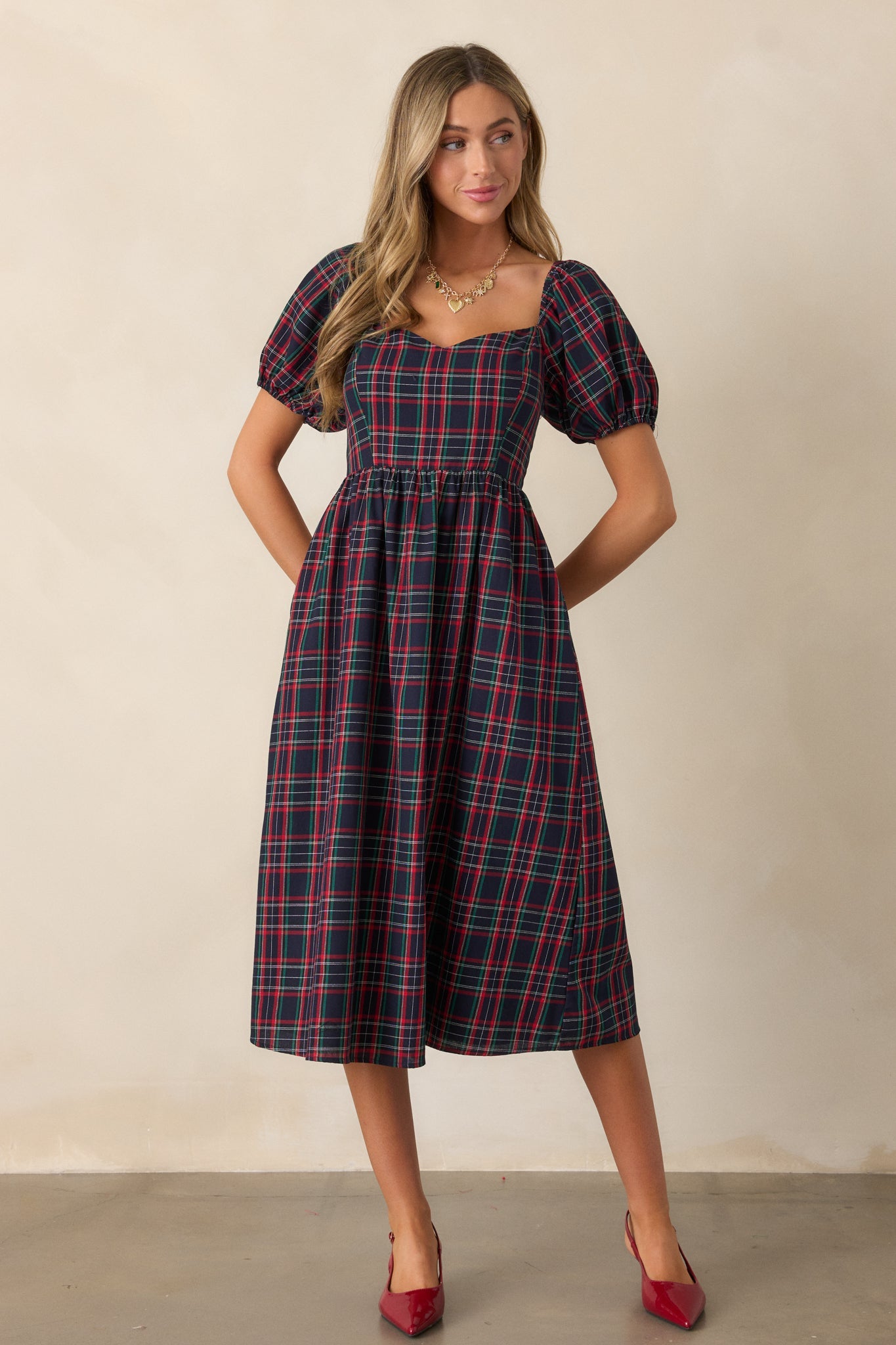 Always You Cotton Navy Plaid Puff Sleeve Midi Dress