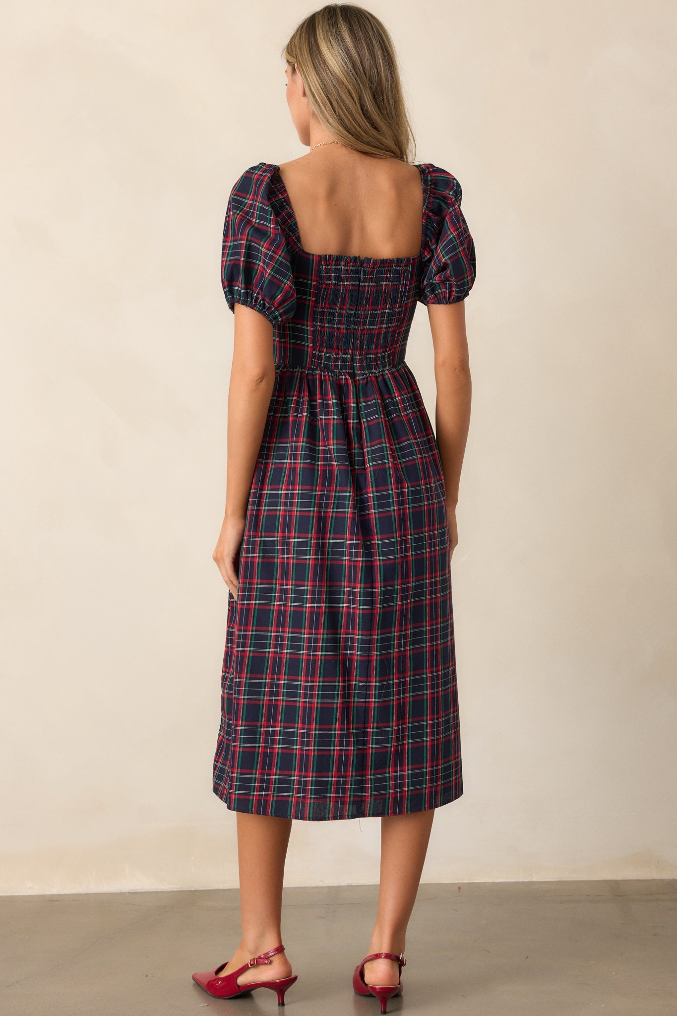 Always You Cotton Navy Plaid Puff Sleeve Midi Dress
