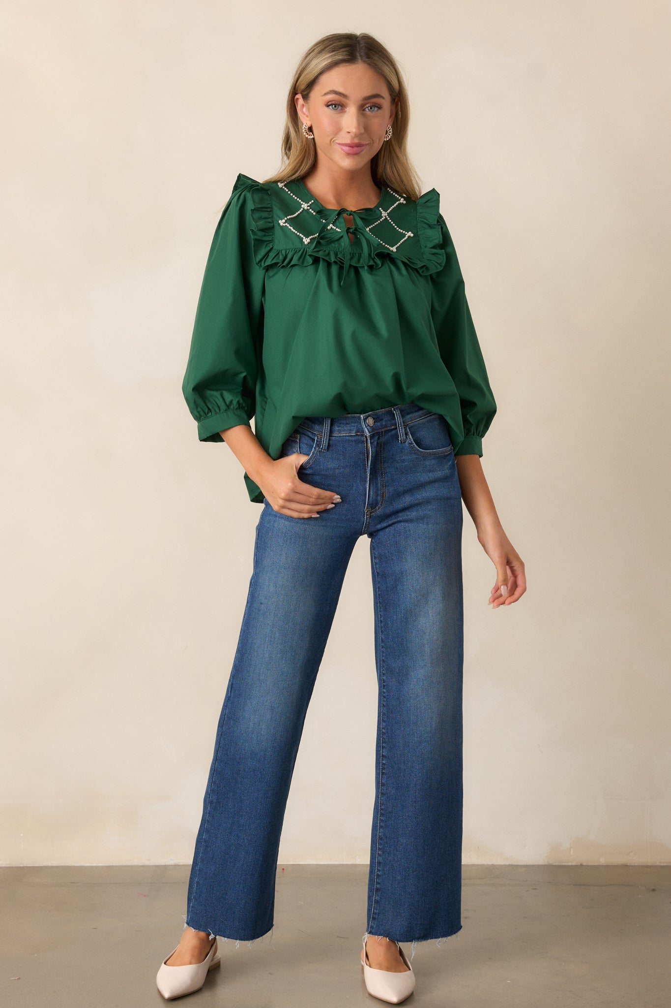 It Happens Hunter Green Ruffle Puff Sleeve Top