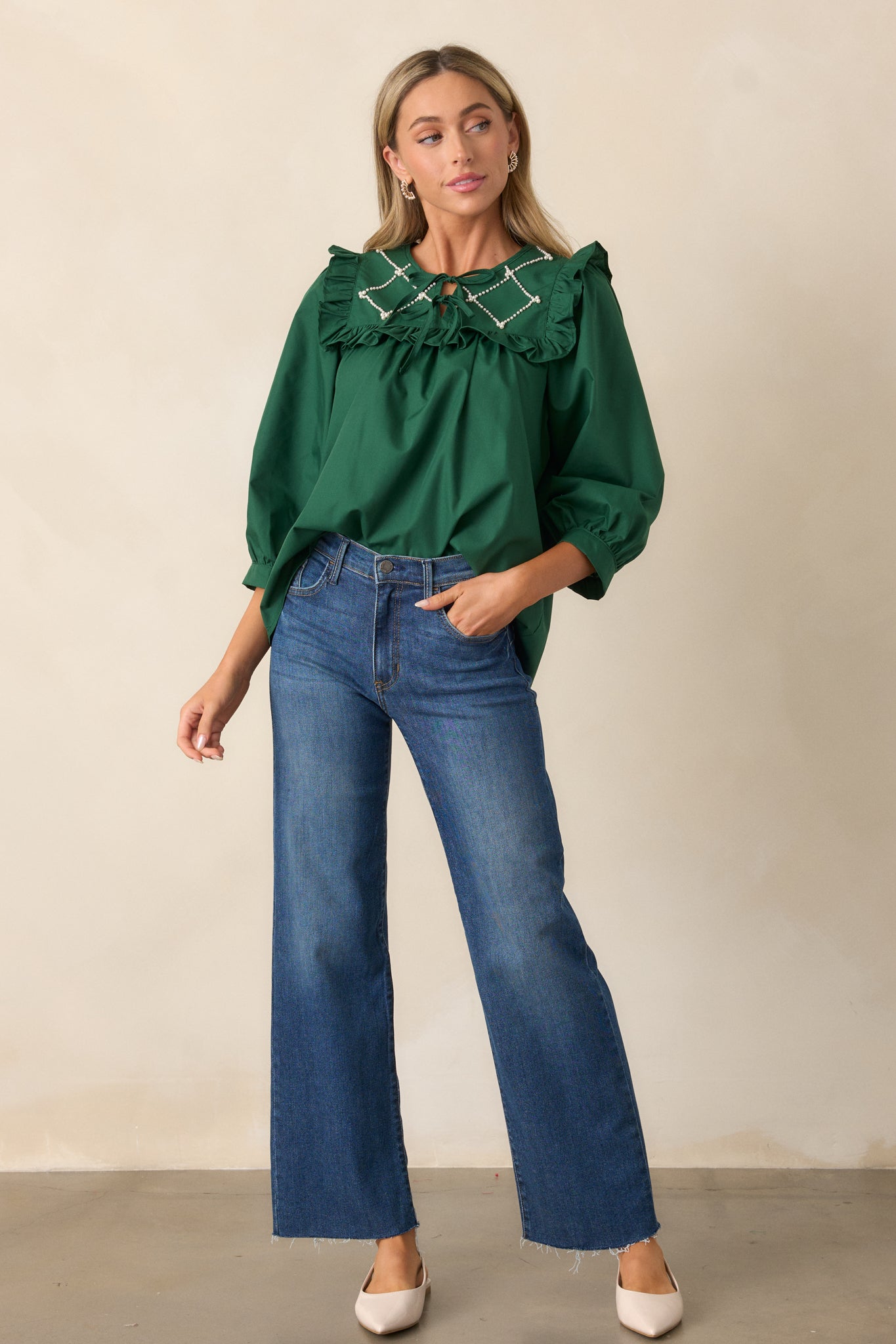 It Happens Hunter Green Ruffle Puff Sleeve Top