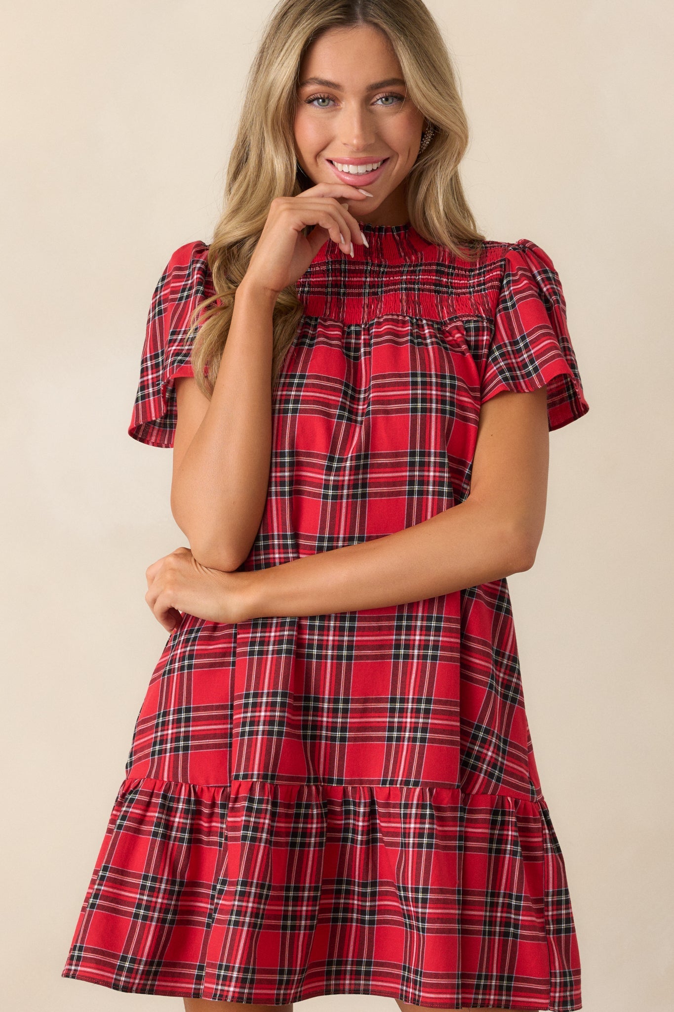 Candlelight Chats Cotton Red Plaid Mock Neck Mini Dress