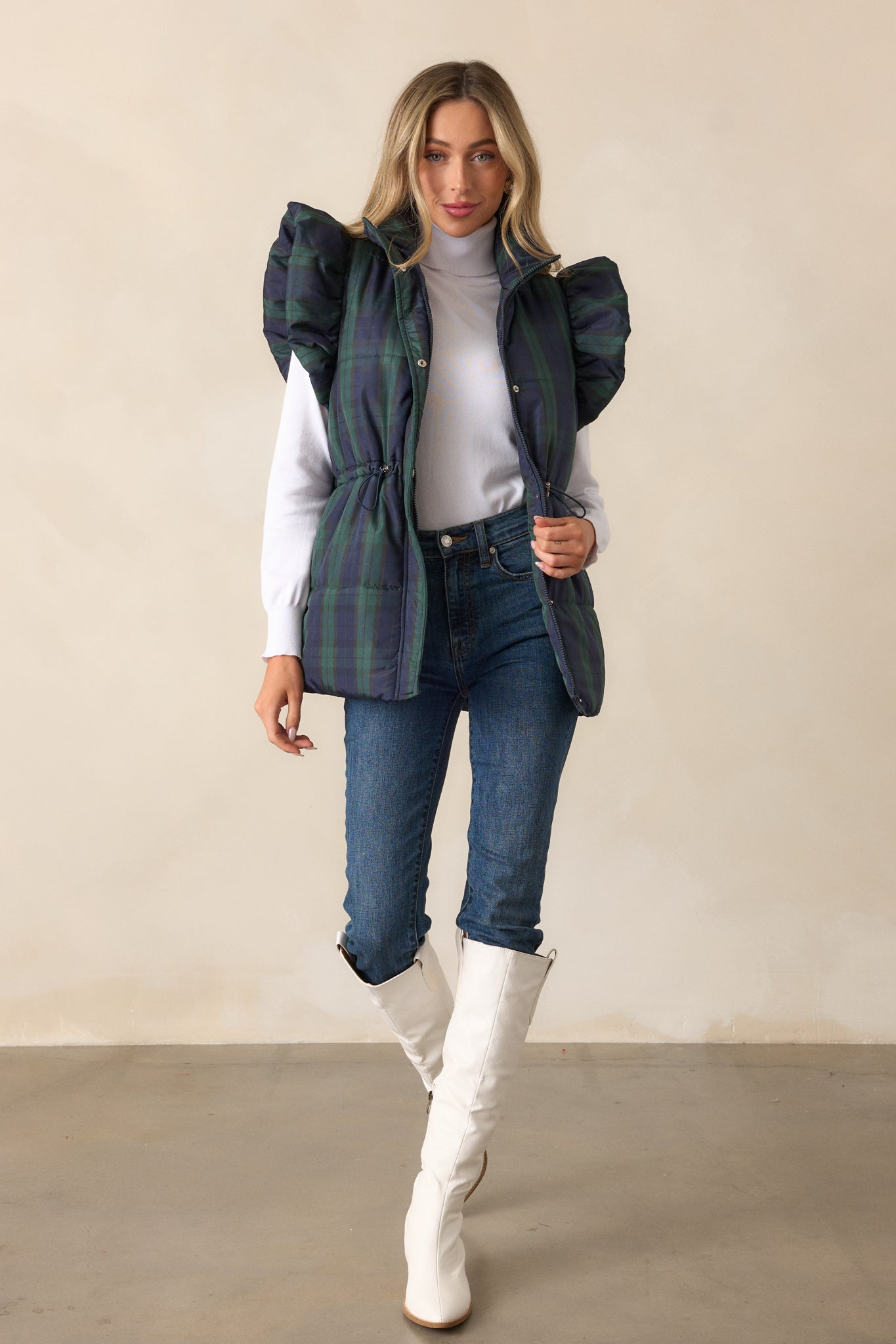 I Found You Navy Plaid Flutter Sleeve Puffer Vest
