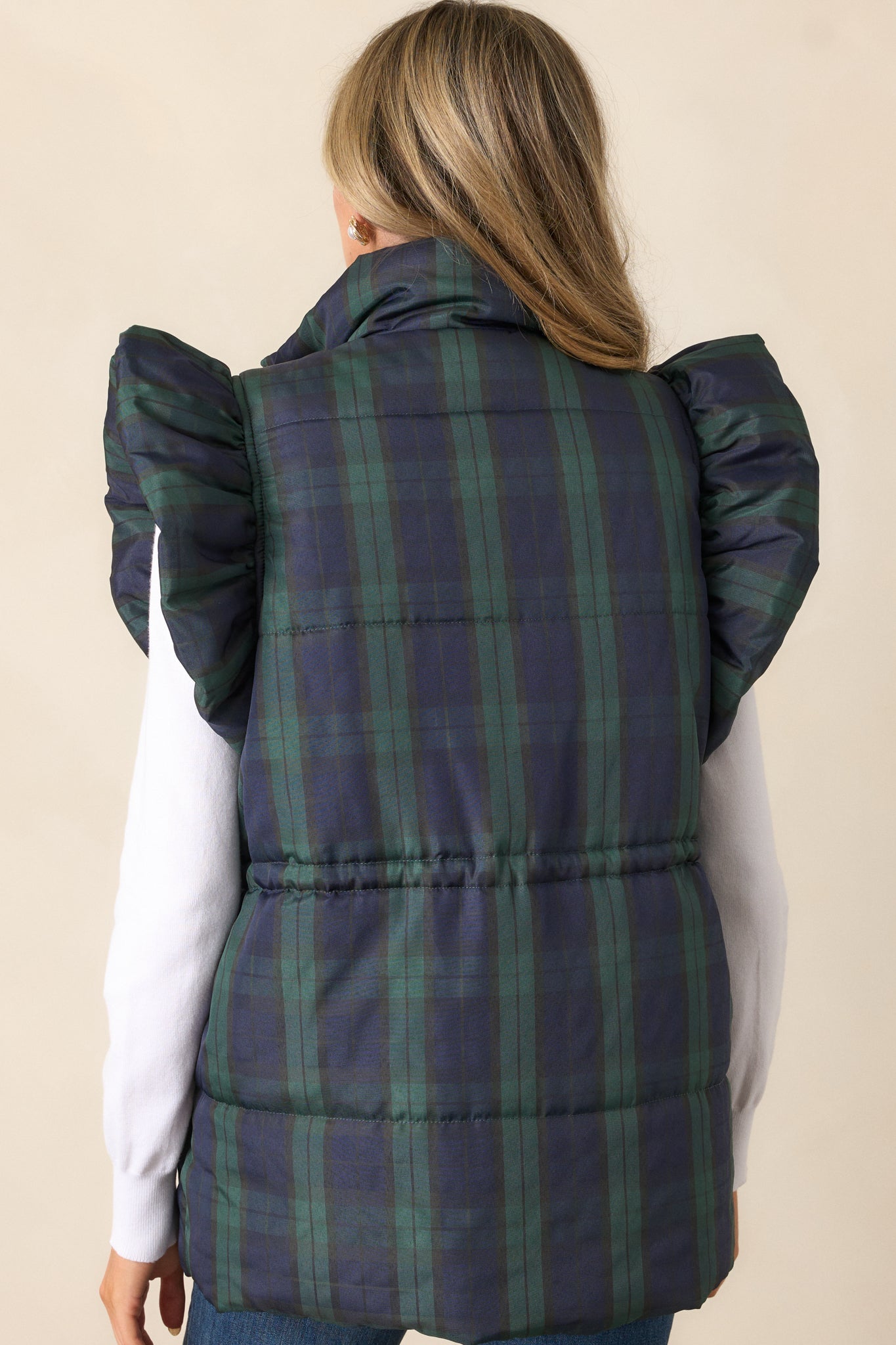 I Found You Navy Plaid Flutter Sleeve Puffer Vest