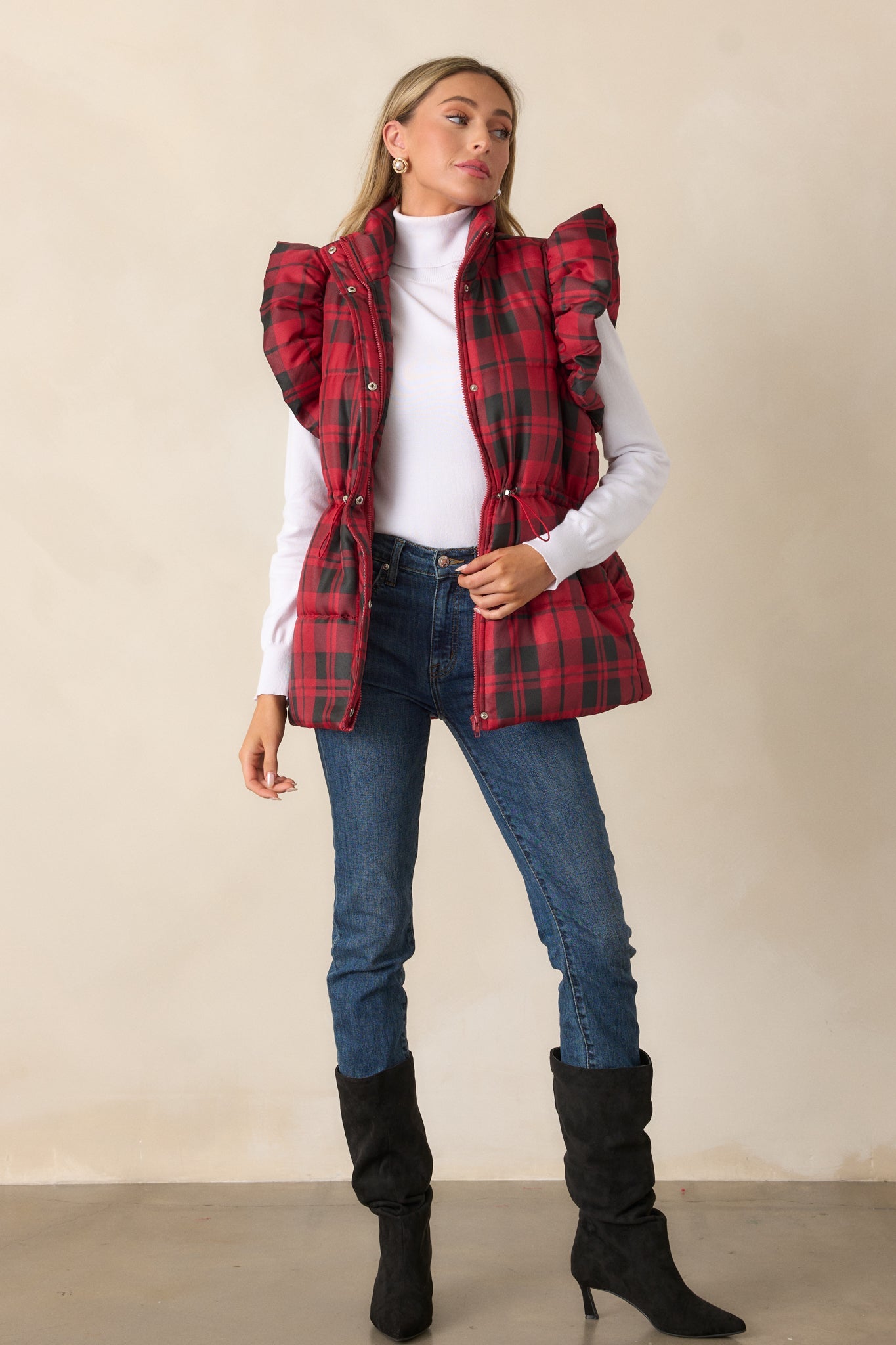 I Found You Red Plaid Flutter Sleeve Puffer Vest
