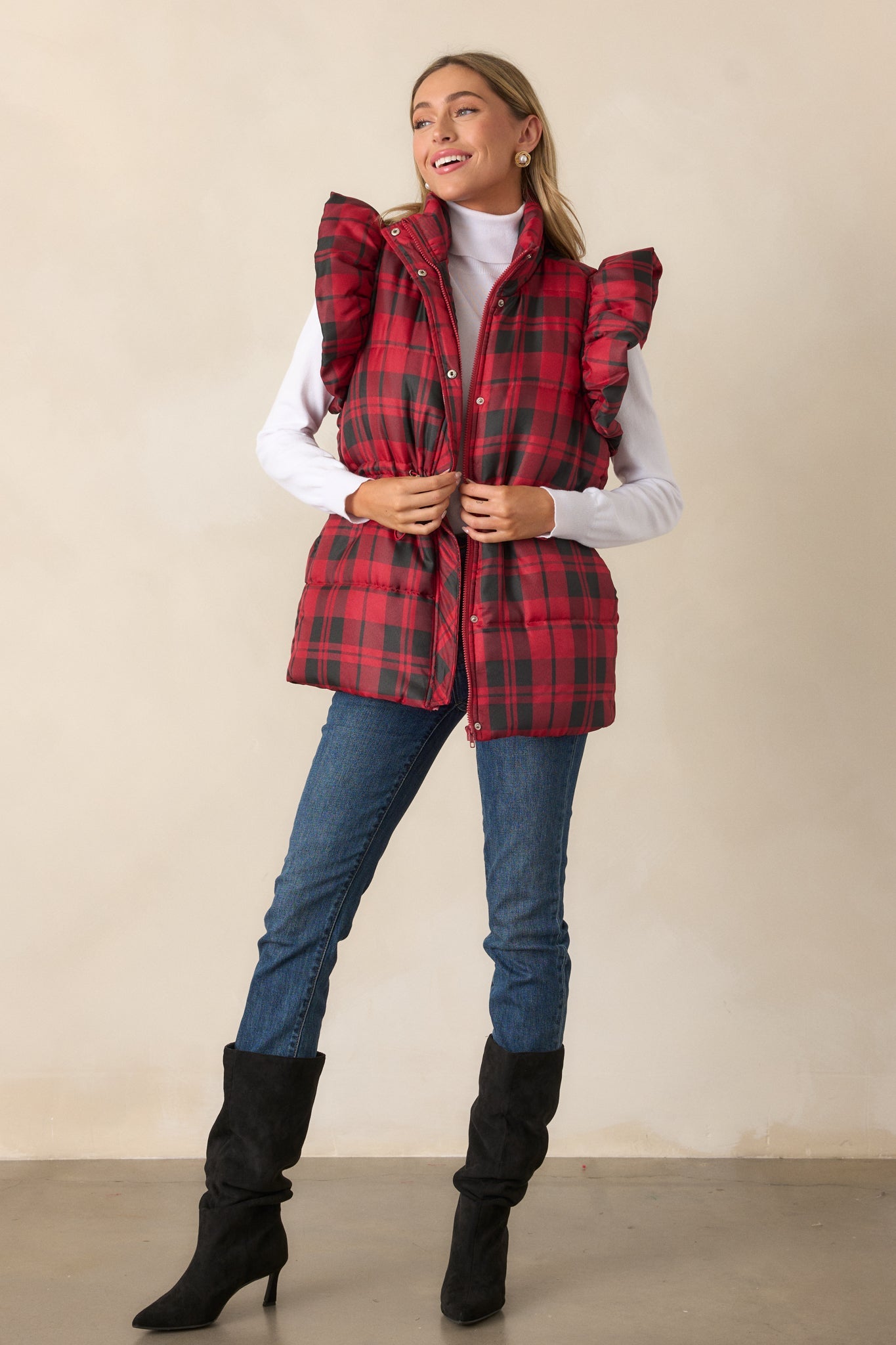I Found You Red Plaid Flutter Sleeve Puffer Vest