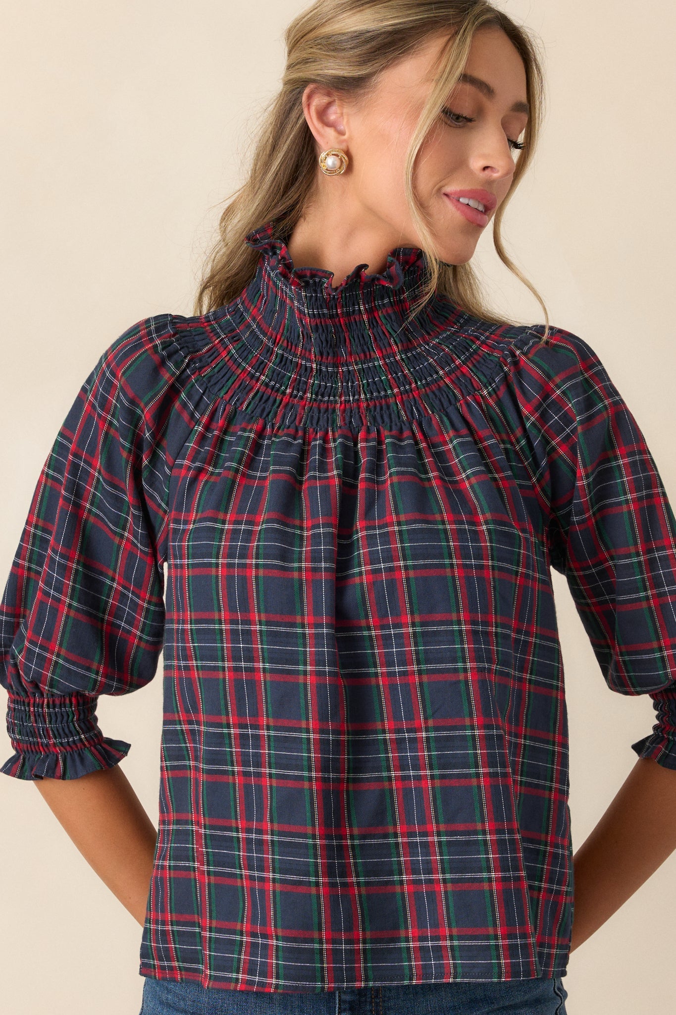 In The Zone 100% Cotton Navy Plaid Smock Neck Blouse
