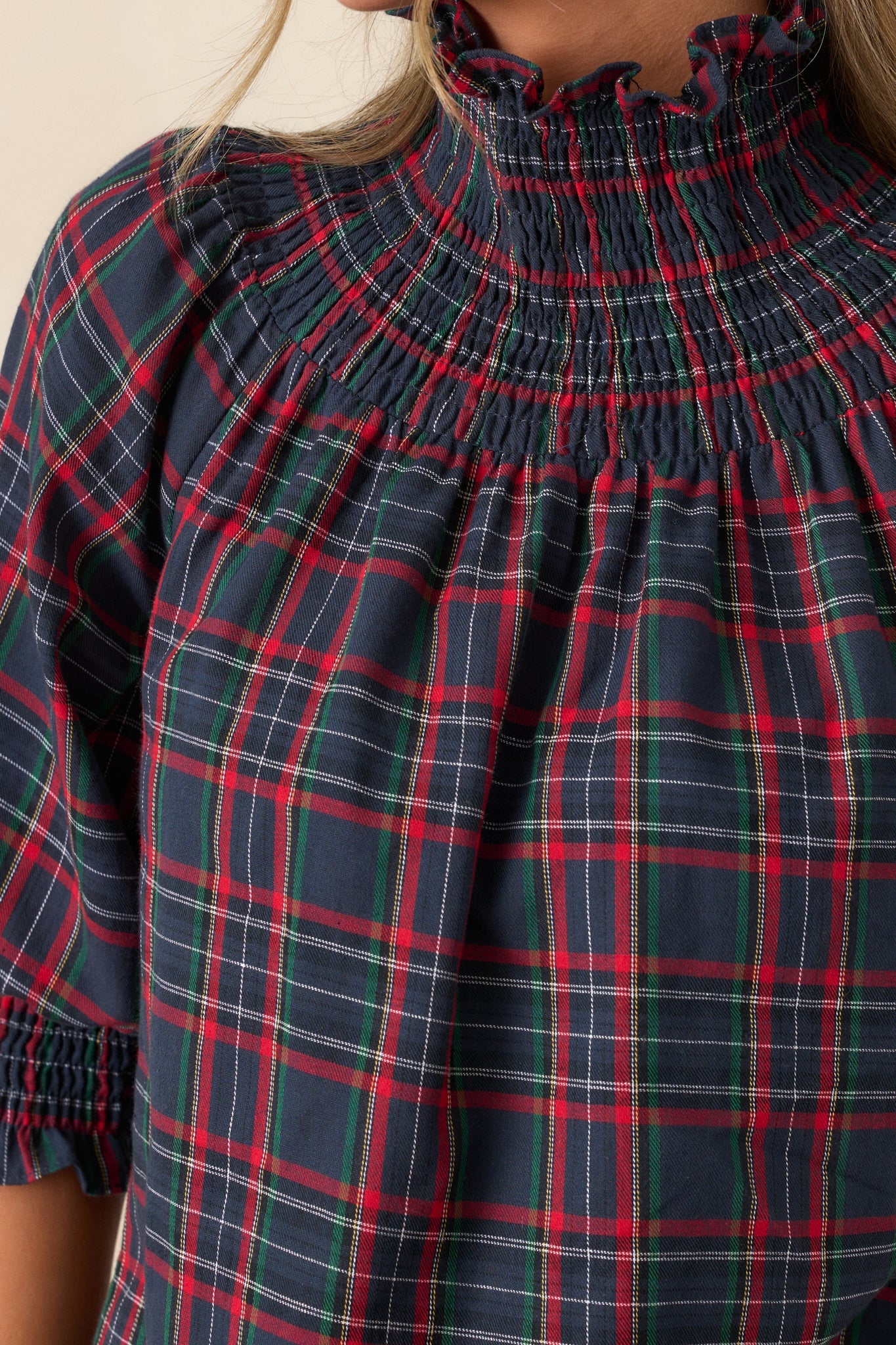 In The Zone 100% Cotton Navy Plaid Smock Neck Blouse