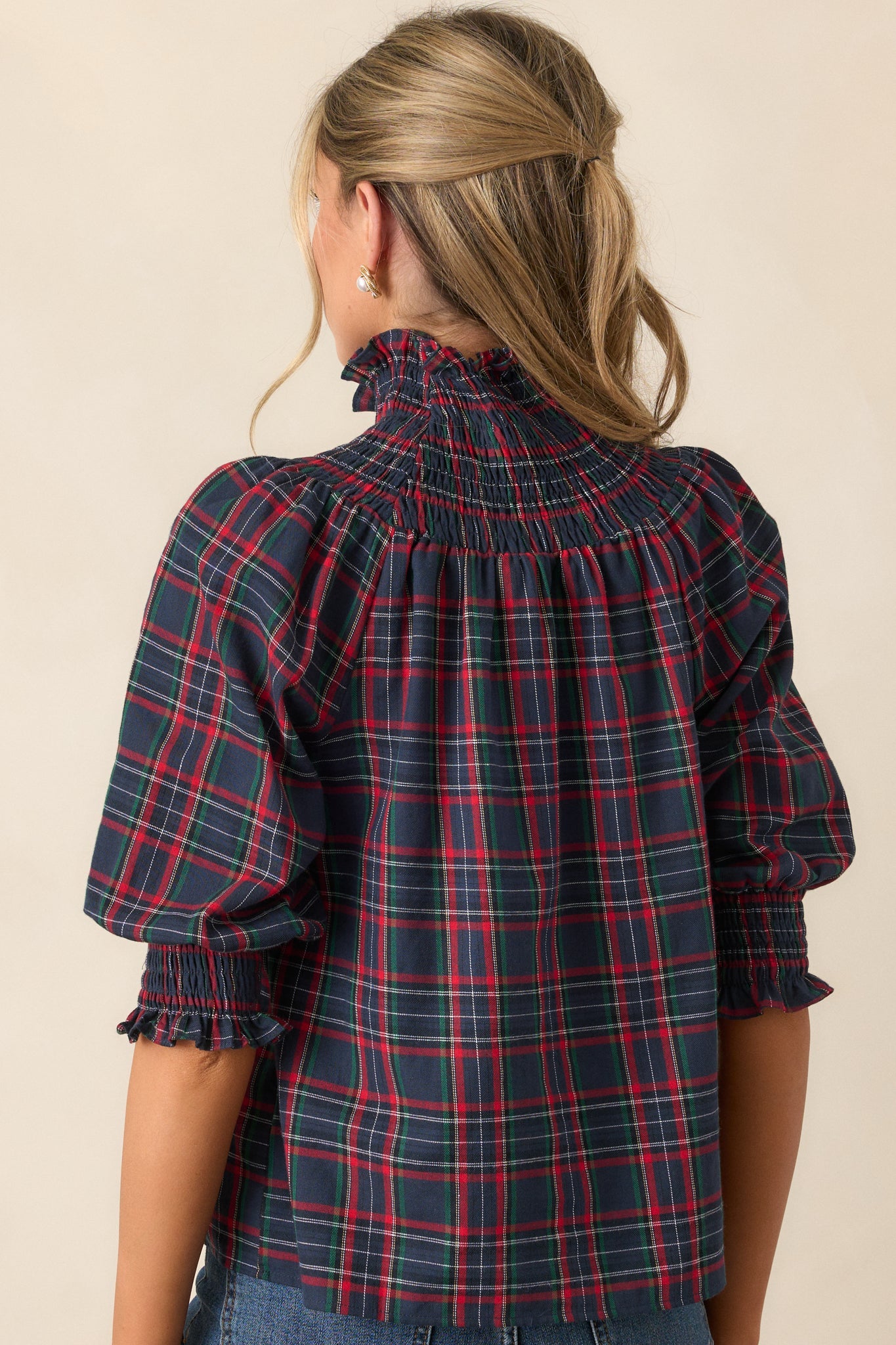 In The Zone 100% Cotton Navy Plaid Smock Neck Blouse