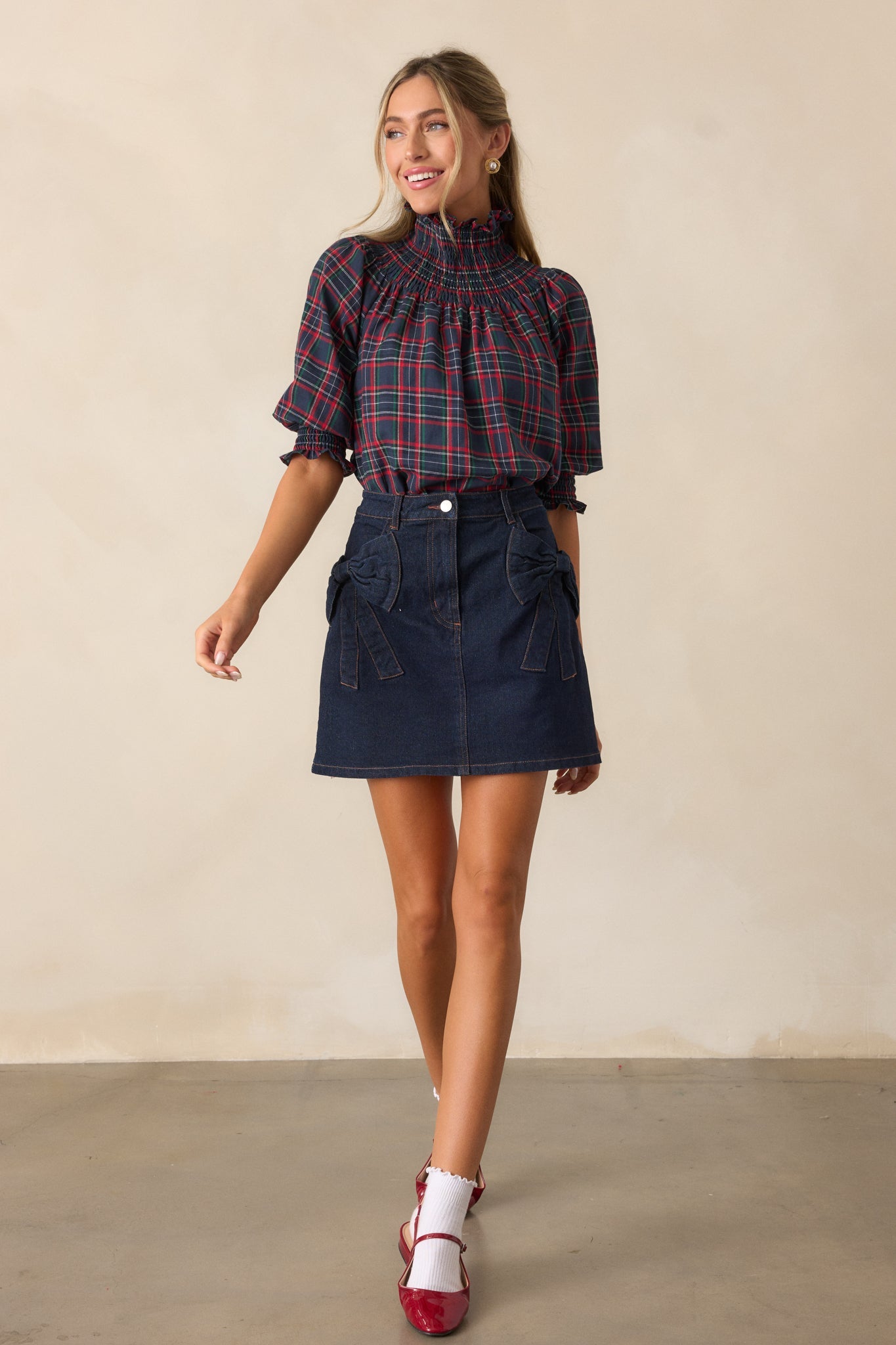 In The Zone 100% Cotton Navy Plaid Smock Neck Blouse