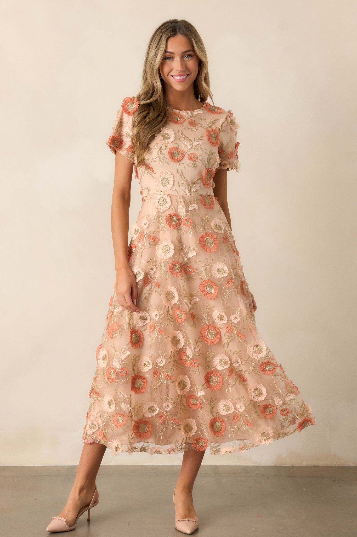 Jumping Ahead Tan Floral Embroidered Midi Dress
