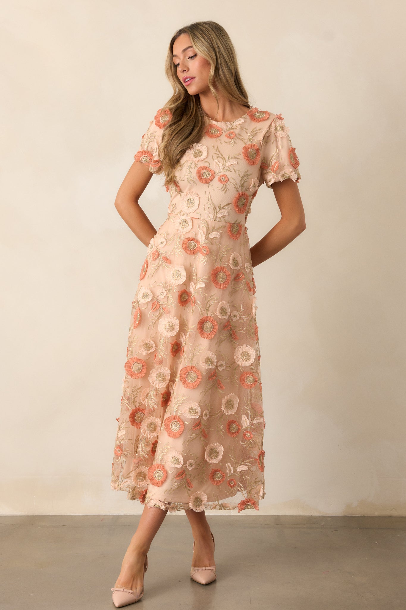 Jumping Ahead Tan Floral Embroidered Midi Dress