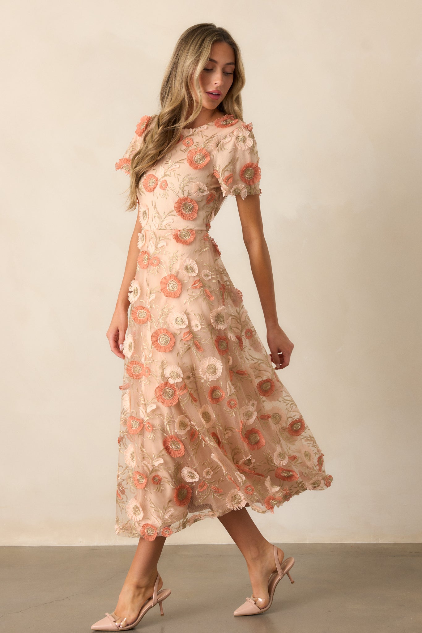 Jumping Ahead Tan Floral Embroidered Midi Dress