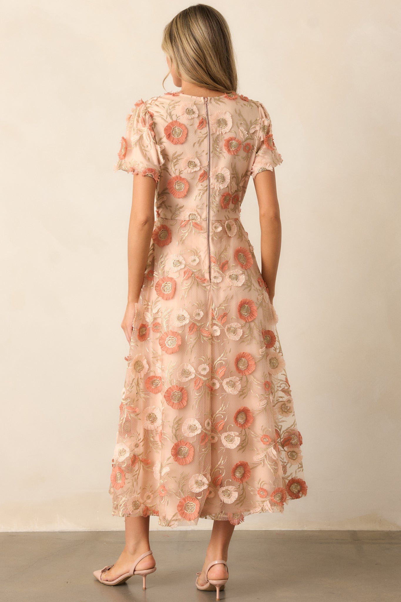 Jumping Ahead Tan Floral Embroidered Midi Dress