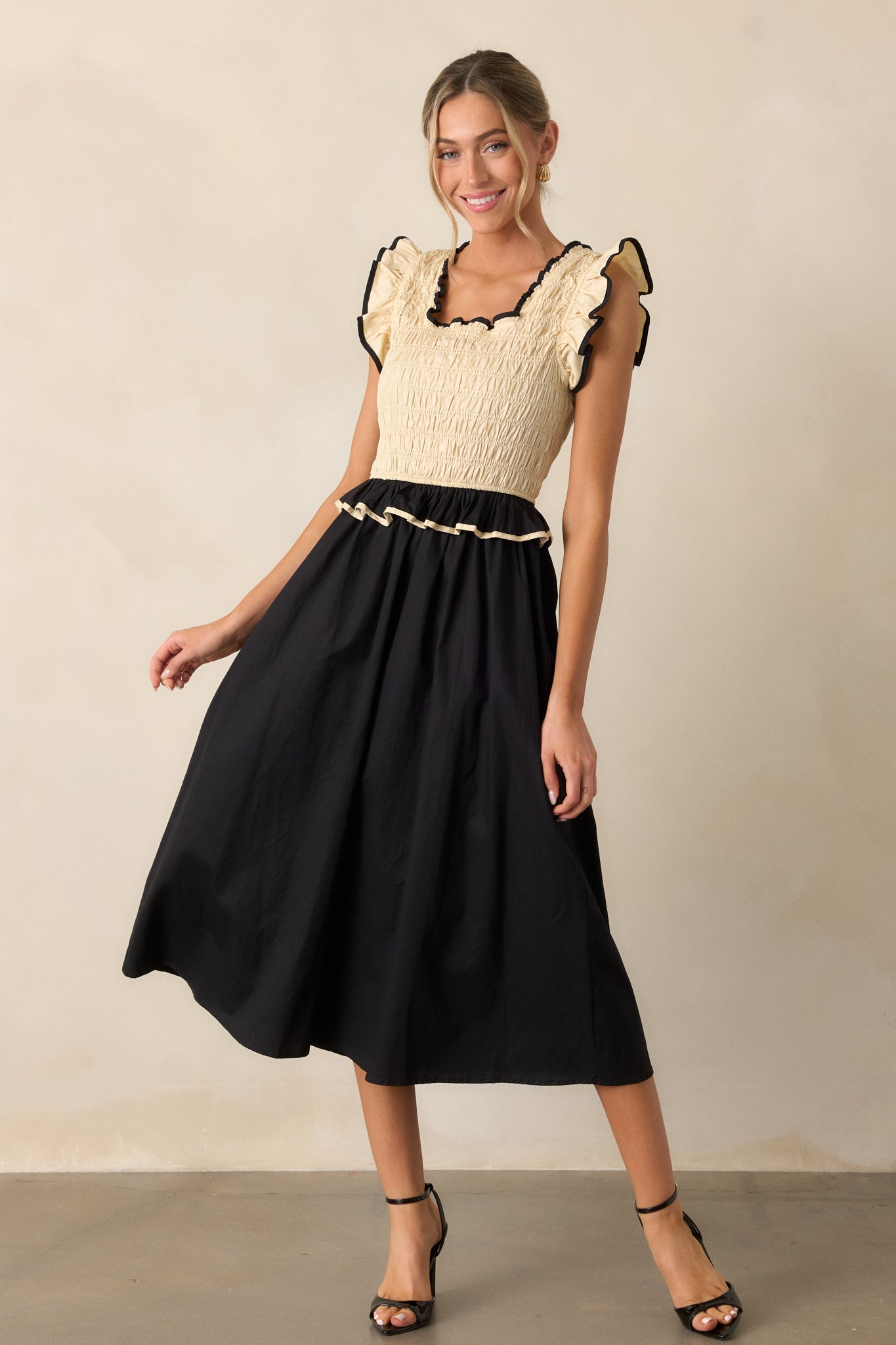 Endless Love Cotton Ivory & Black Smocked Midi Dress