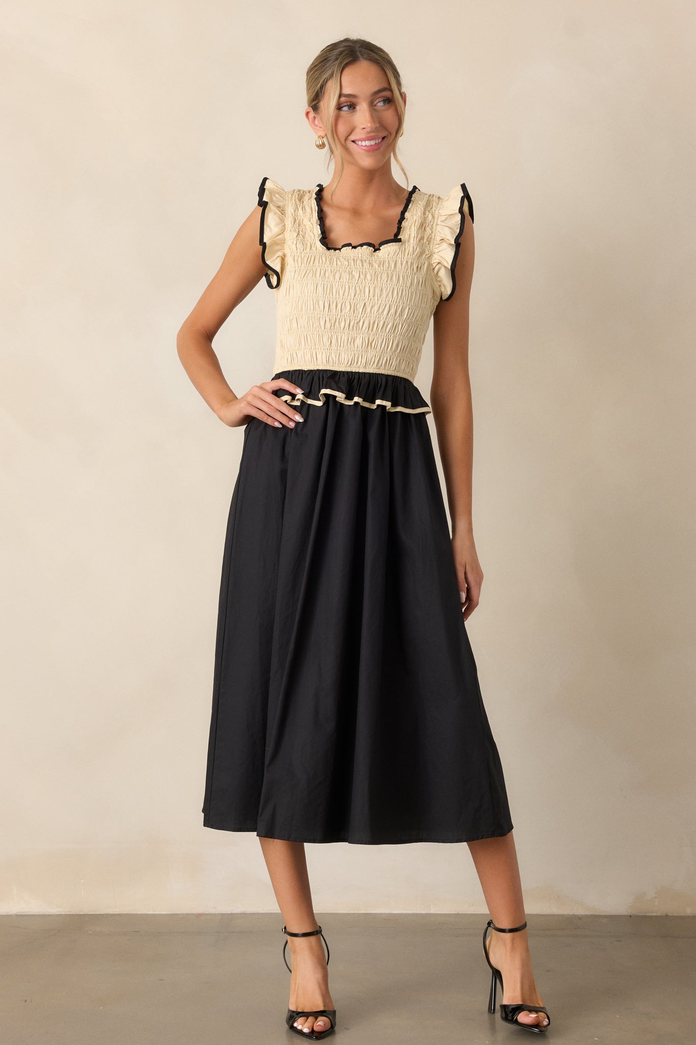 Endless Love Cotton Ivory & Black Smocked Midi Dress