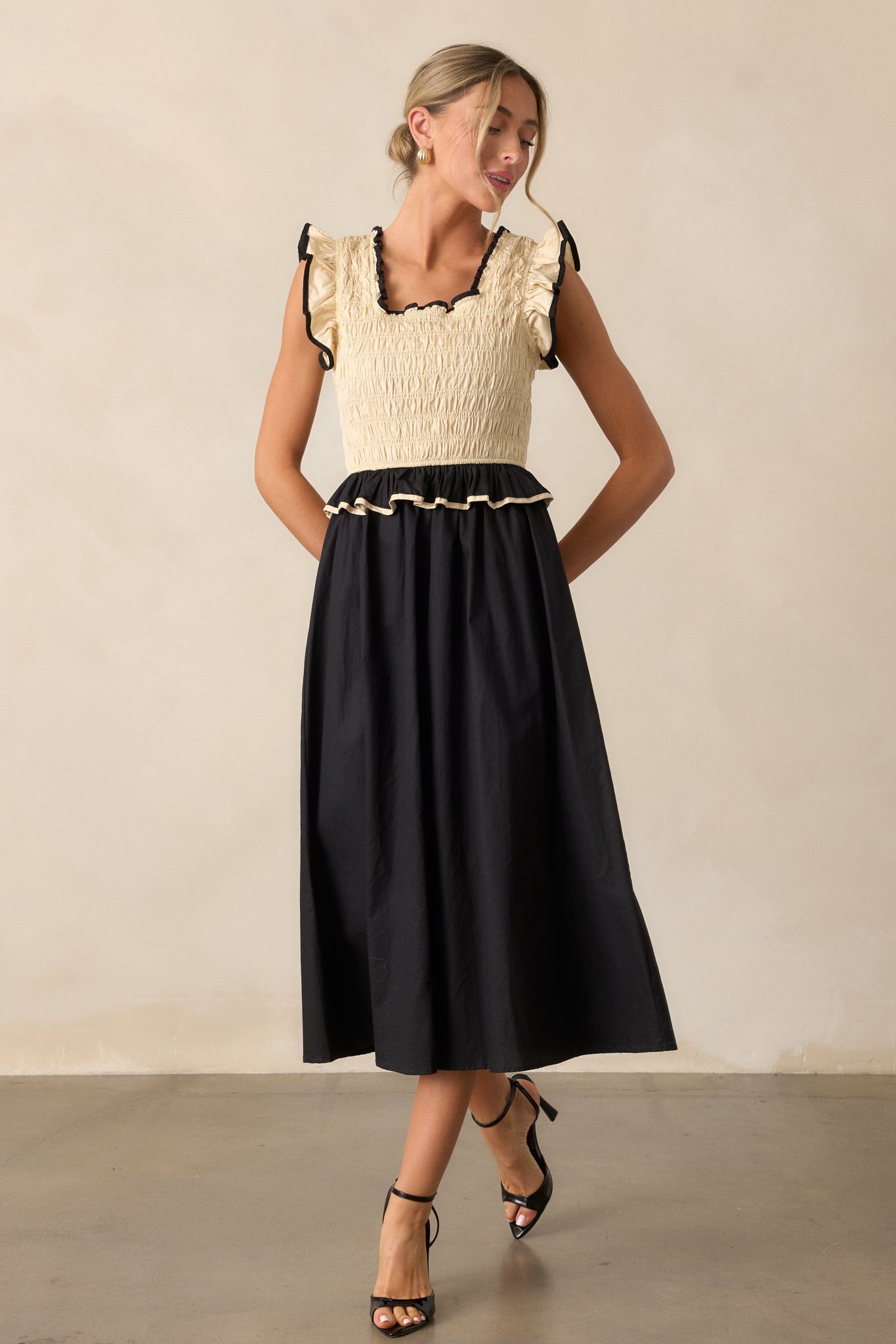 Endless Love Cotton Ivory & Black Smocked Midi Dress