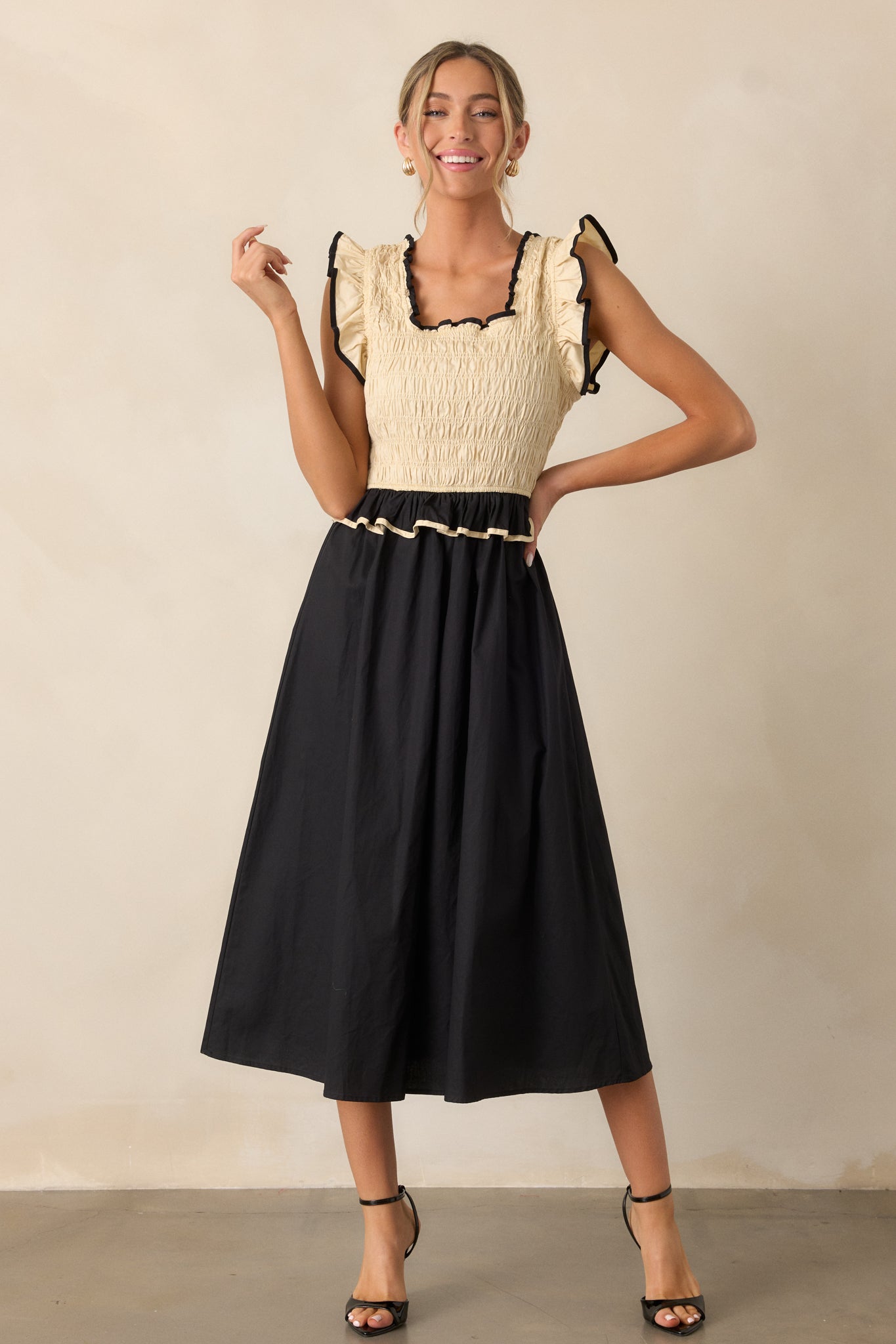 Endless Love Cotton Ivory & Black Smocked Midi Dress