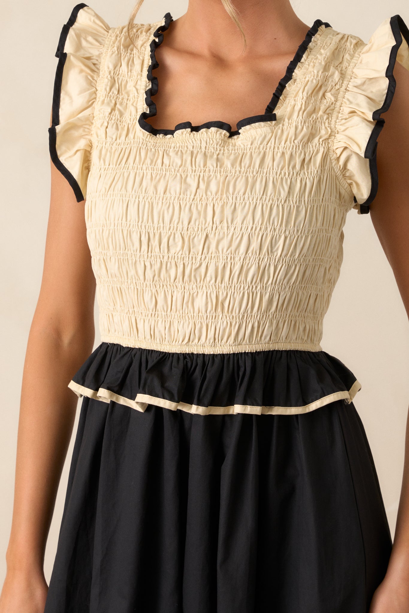 Endless Love Cotton Ivory & Black Smocked Midi Dress