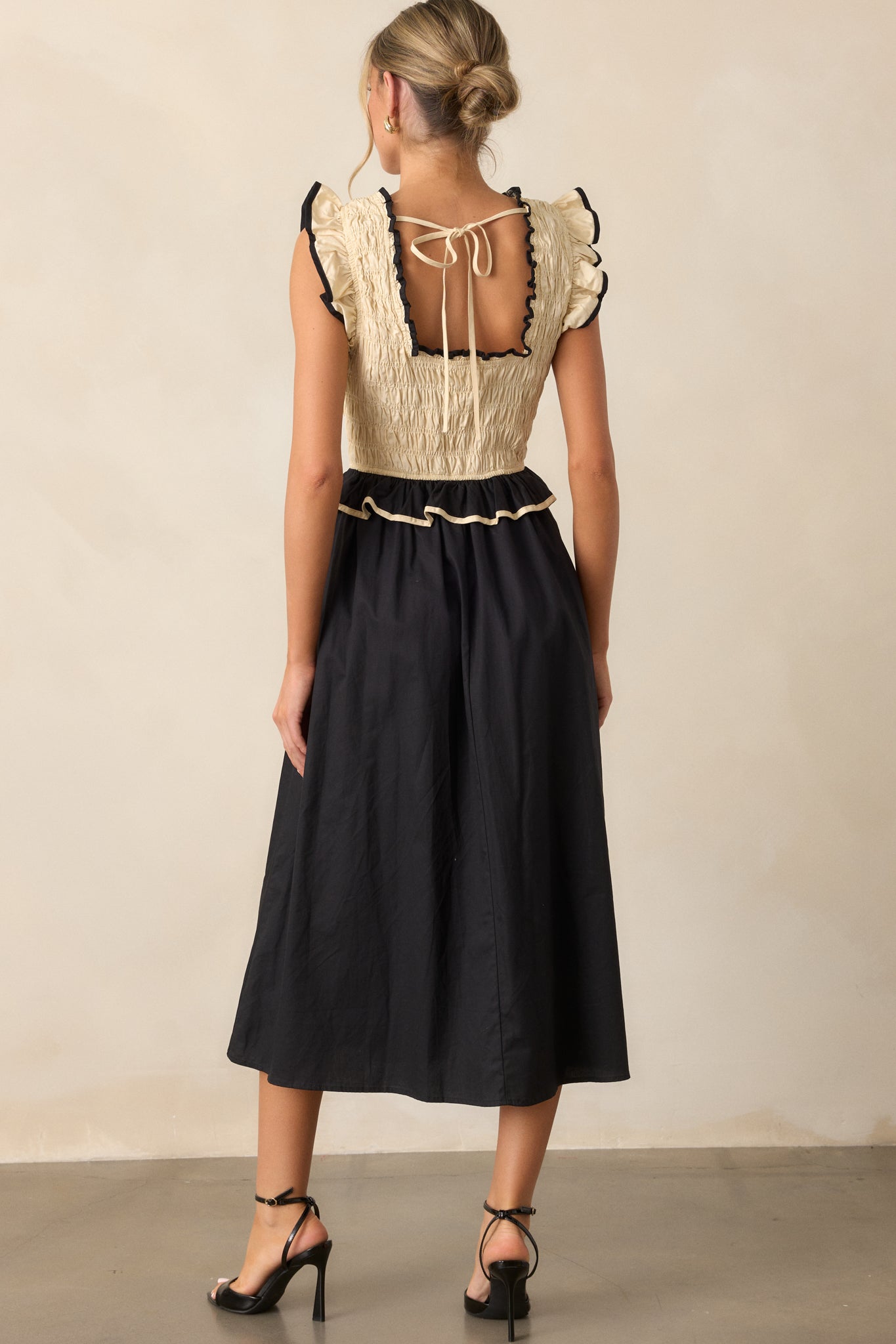 Endless Love Cotton Ivory & Black Smocked Midi Dress