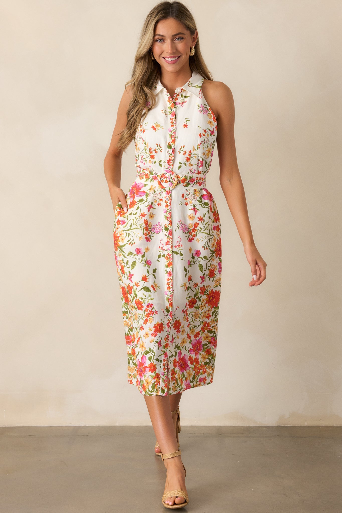 Garden Girl Ivory Floral Button Front Midi Dress