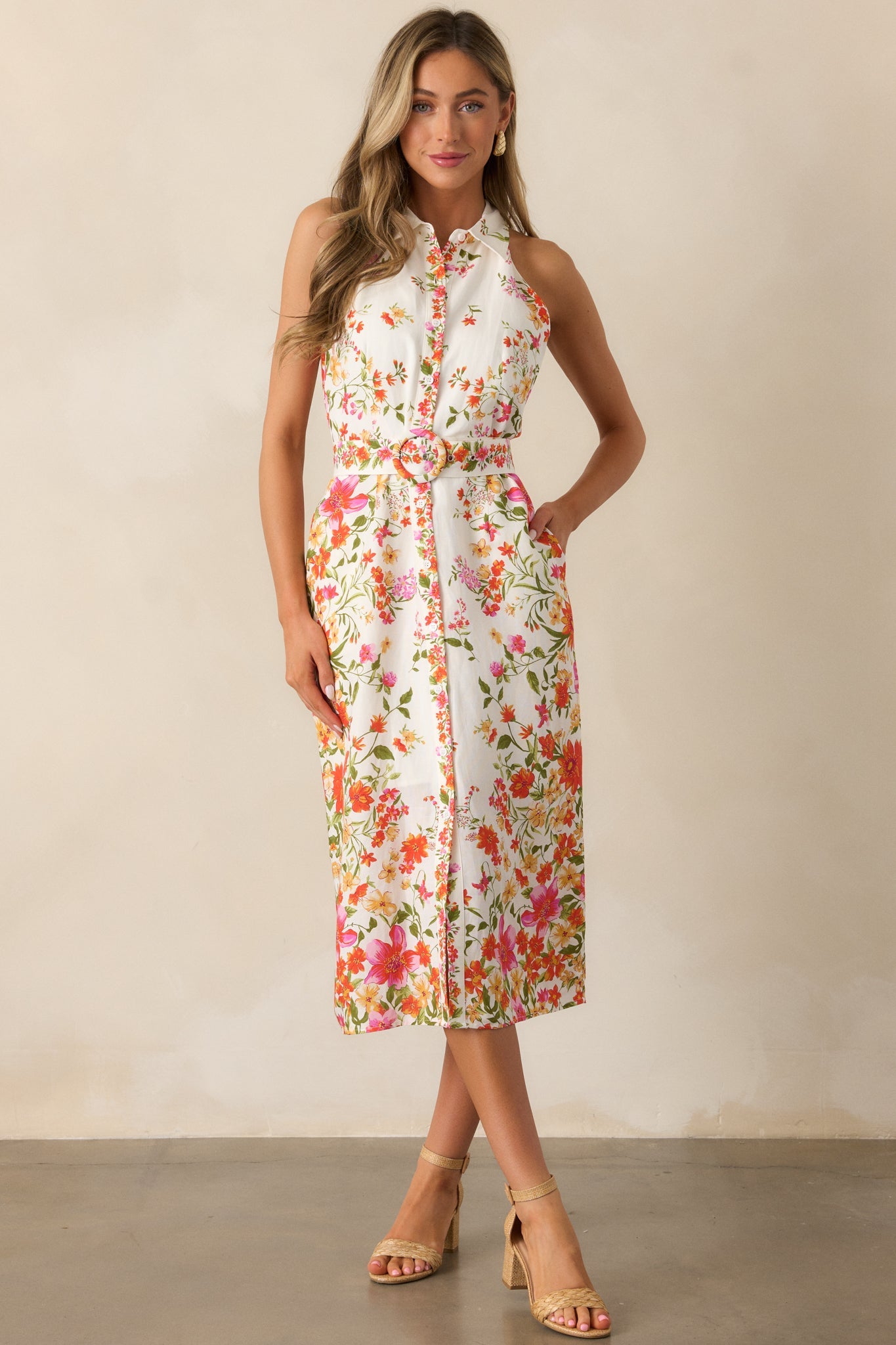 Garden Girl Ivory Floral Button Front Midi Dress
