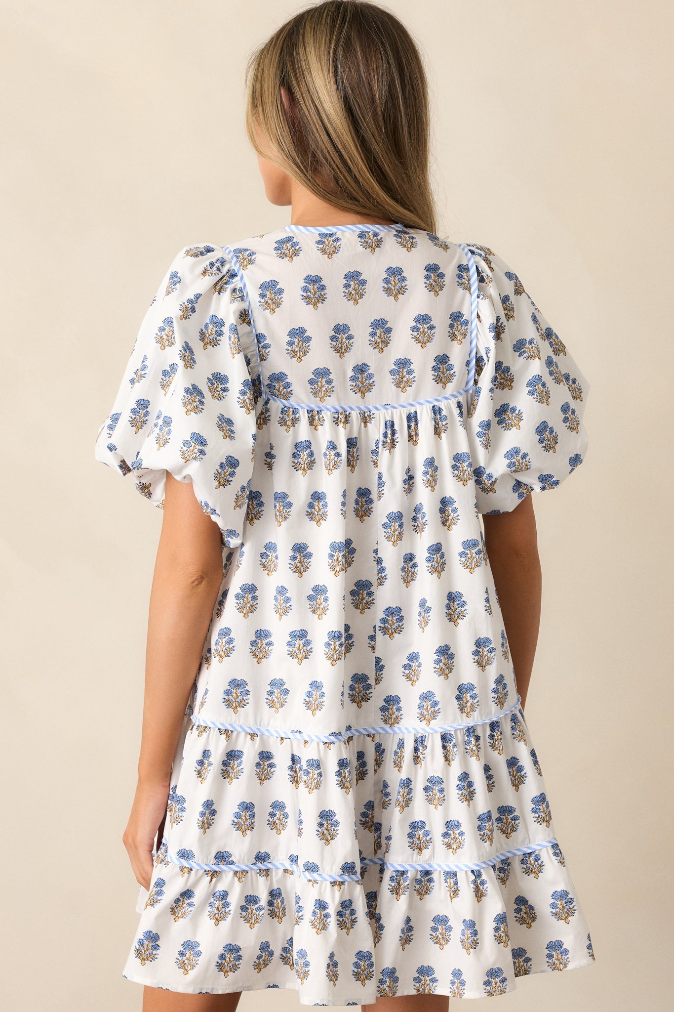 Dinner Party Cotton Ivory Floral Puff Sleeve Mini Dress