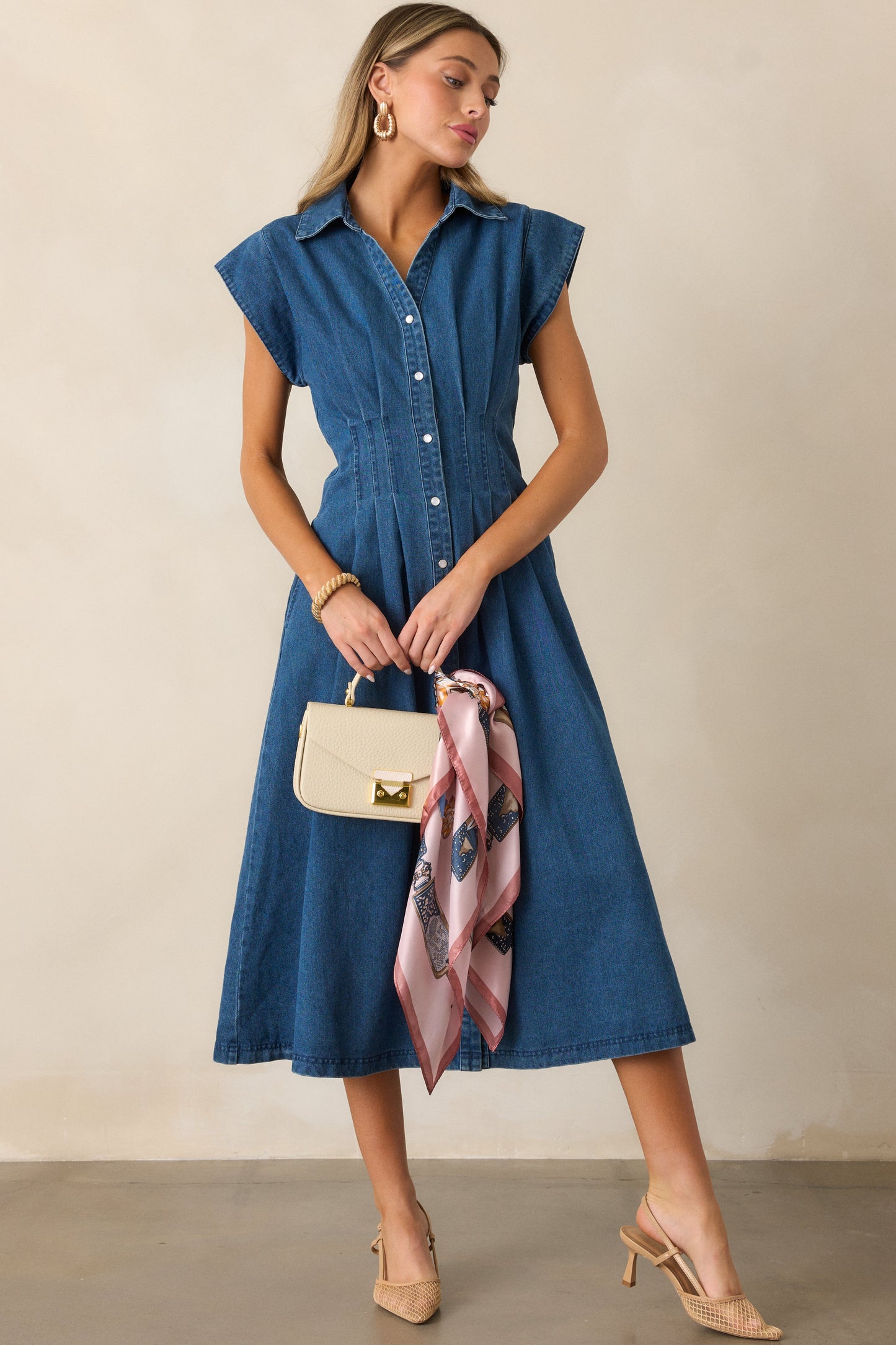 Classic Tea Party Dark Wash Denim Button Front Pleated Midi Dress