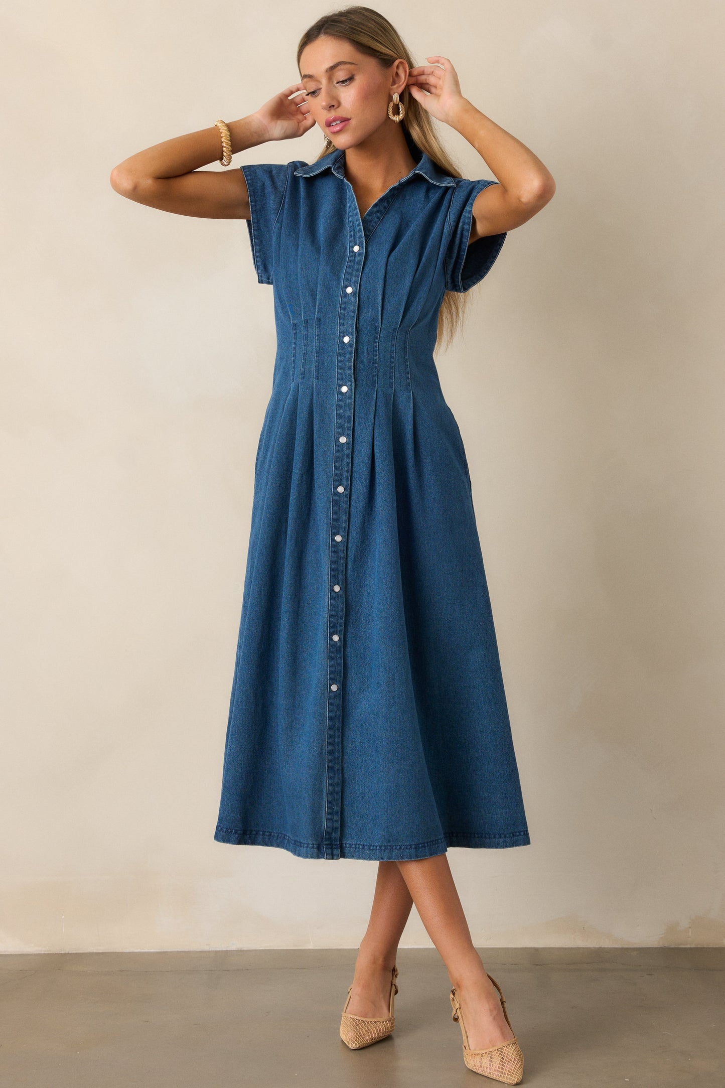 Classic Tea Party Dark Wash Denim Button Front Pleated Midi Dress