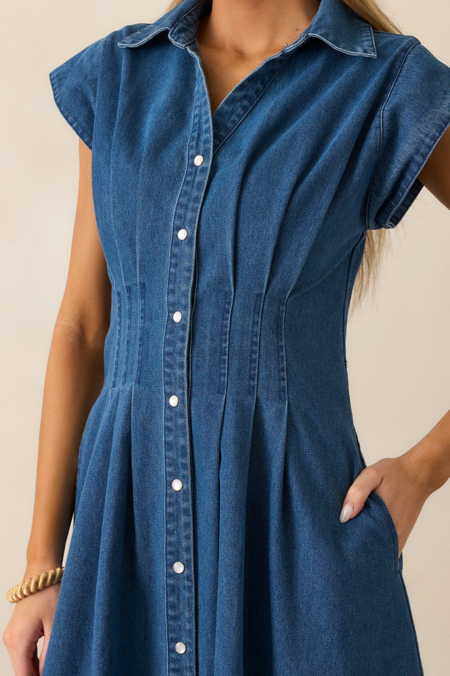 Classic Tea Party Dark Wash Denim Button Front Pleated Midi Dress